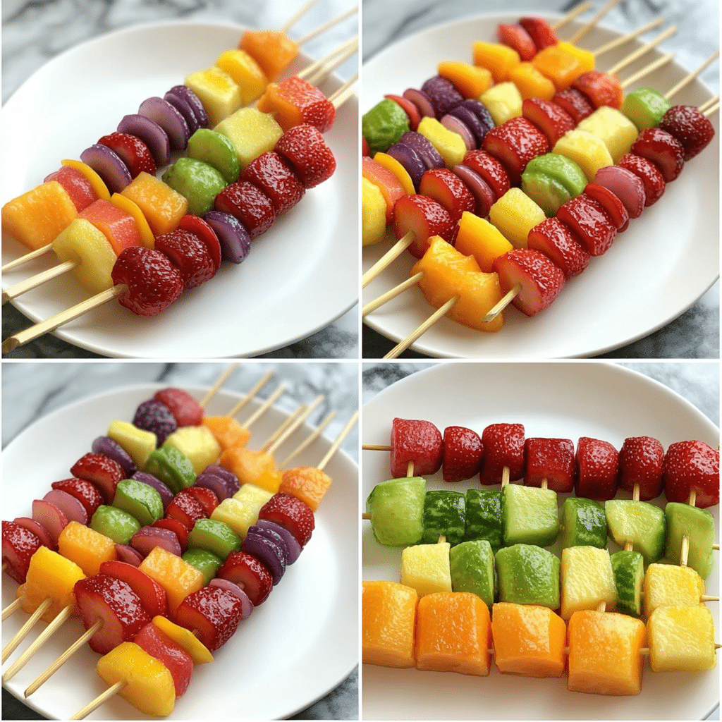 Four-panel collage showing steps to make rainbow fruit skewers, from preparing fruit to arranging skewers