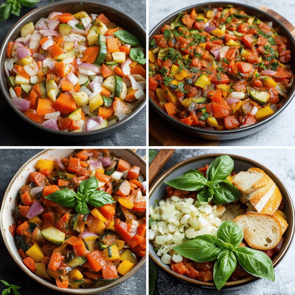 Four-panel collage showing the steps of making ratatouille, from chopping vegetables to baking
