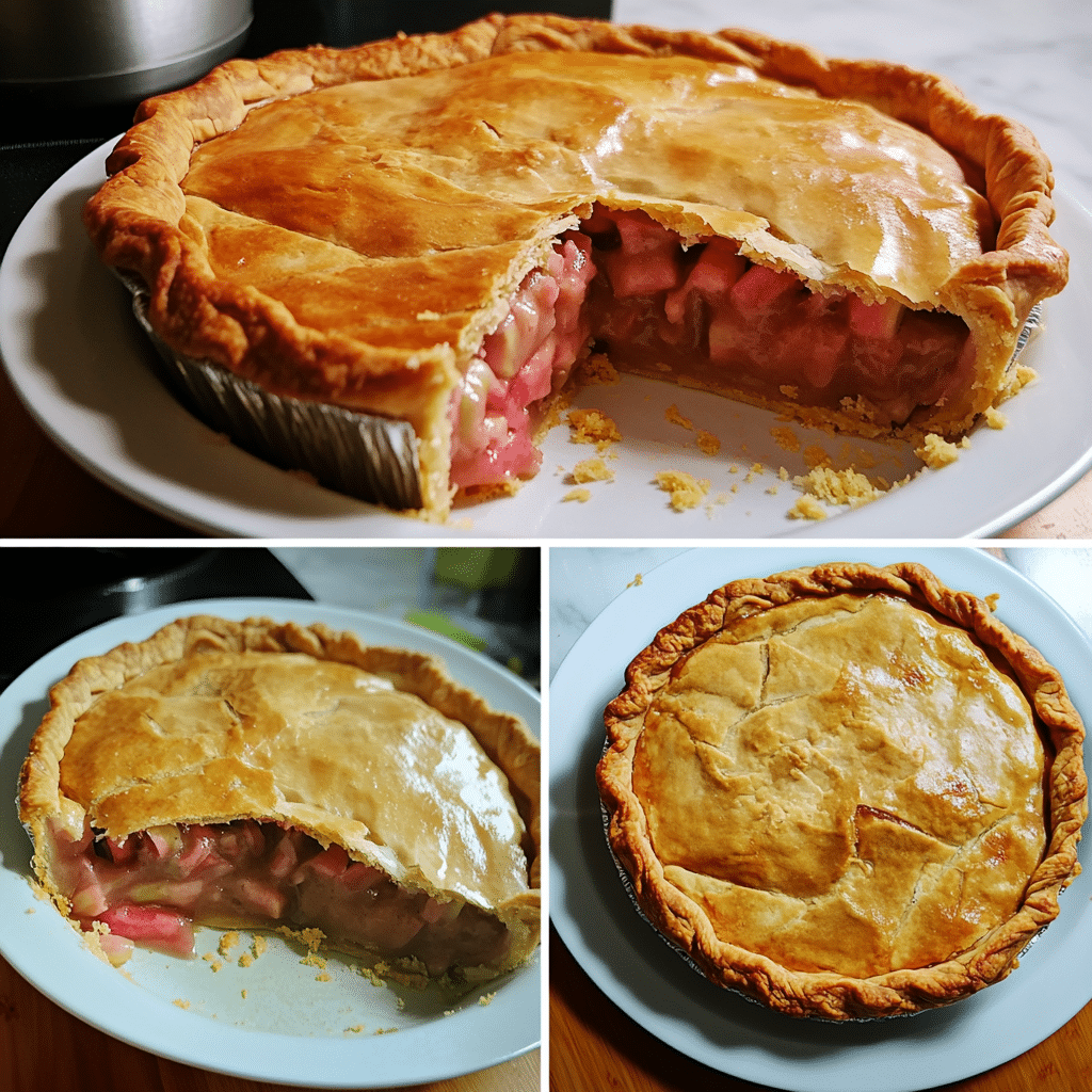Four-panel collage showing steps to make rhubarb pie, from crust to finished pie