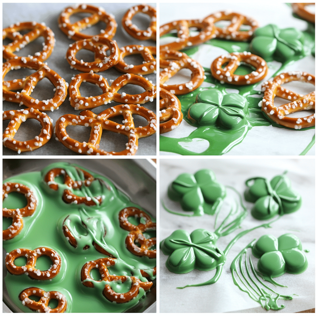 Four-panel collage showing steps to make shamrock pretzel treats, from arranging to drizzling with chocolate
