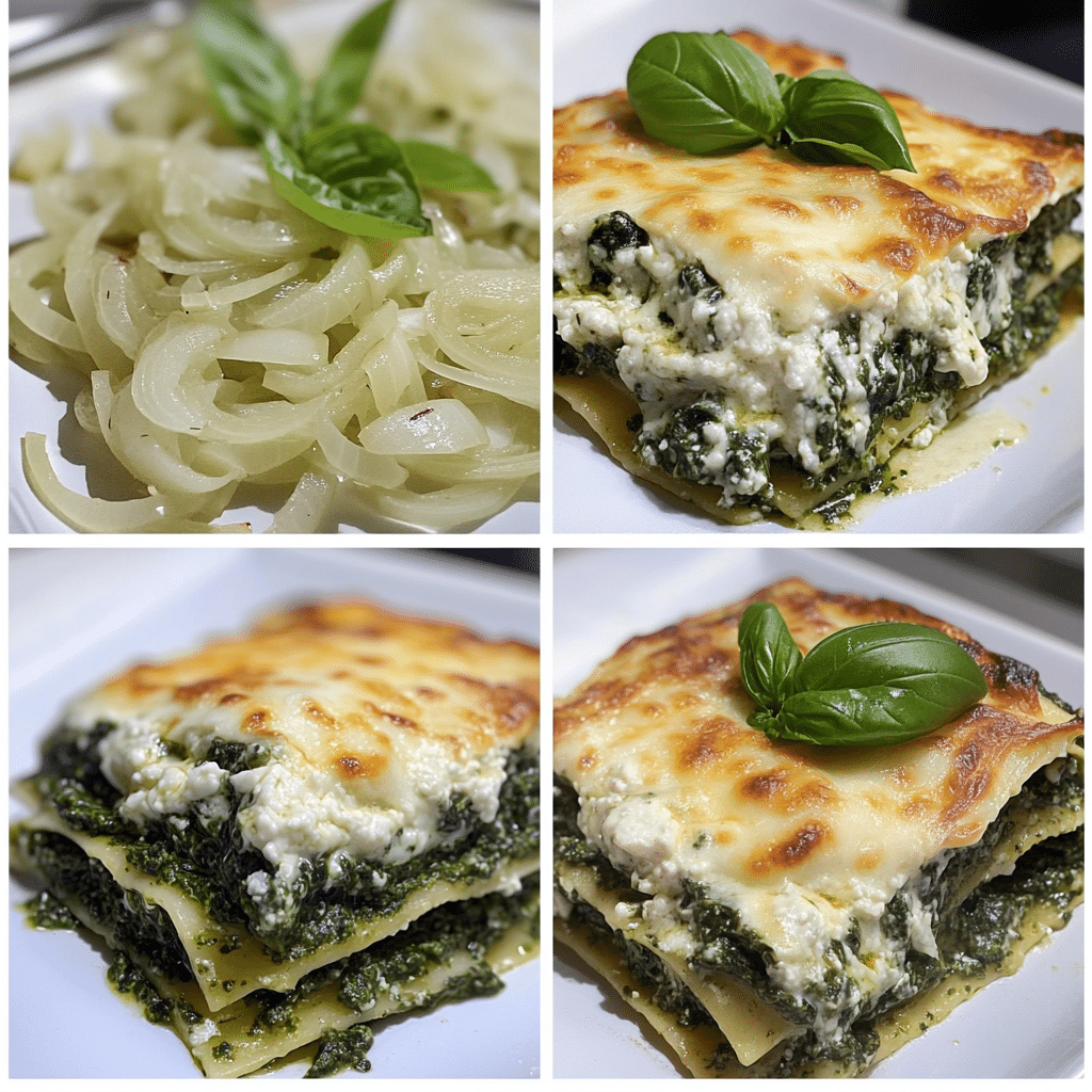 Four-panel collage showing how to make spinach lasagna, from layering to baking