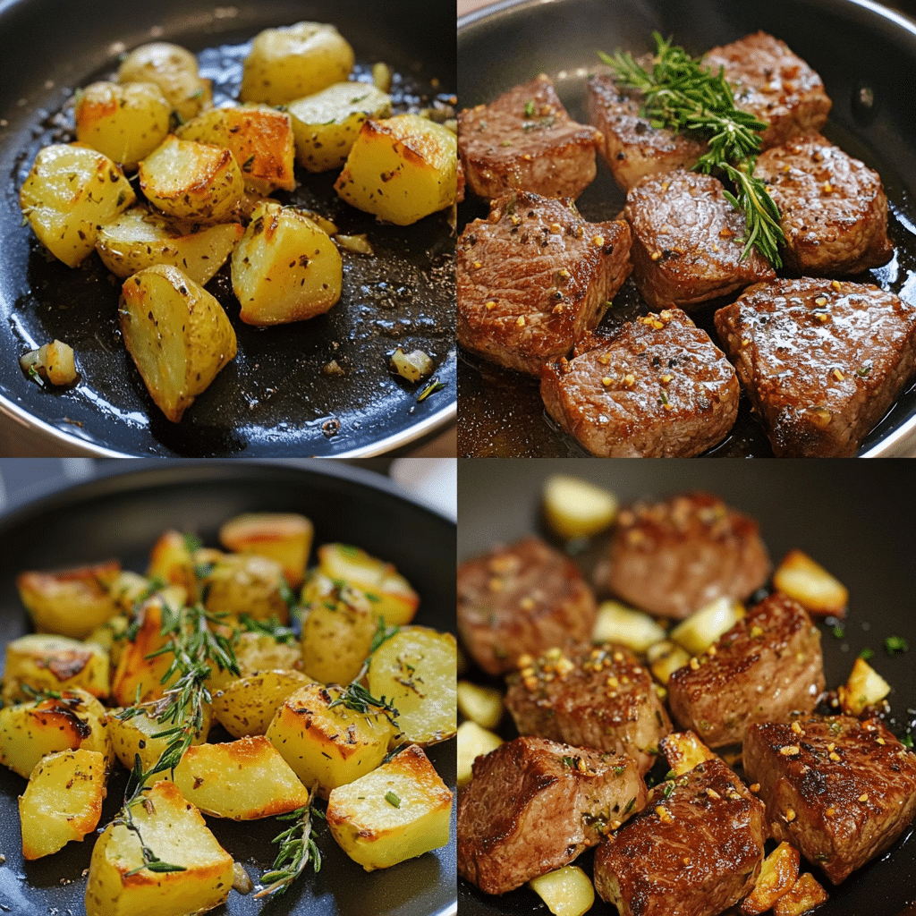 Four-panel collage showing steps to make steak bites with potatoes, from searing steak to serving