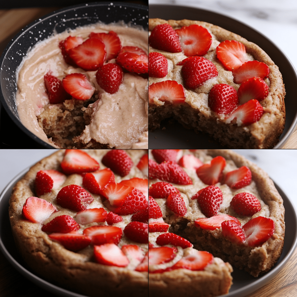 Four-panel collage showing steps to make strawberry blondies, from batter to finished bars