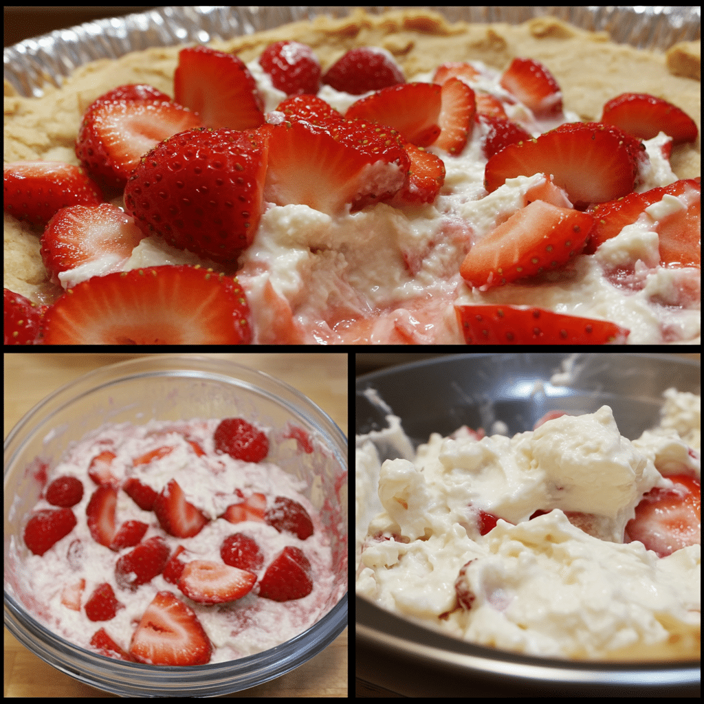 Four-panel collage showing steps to make strawberry cream cheese cobbler, from filling to finished bars
