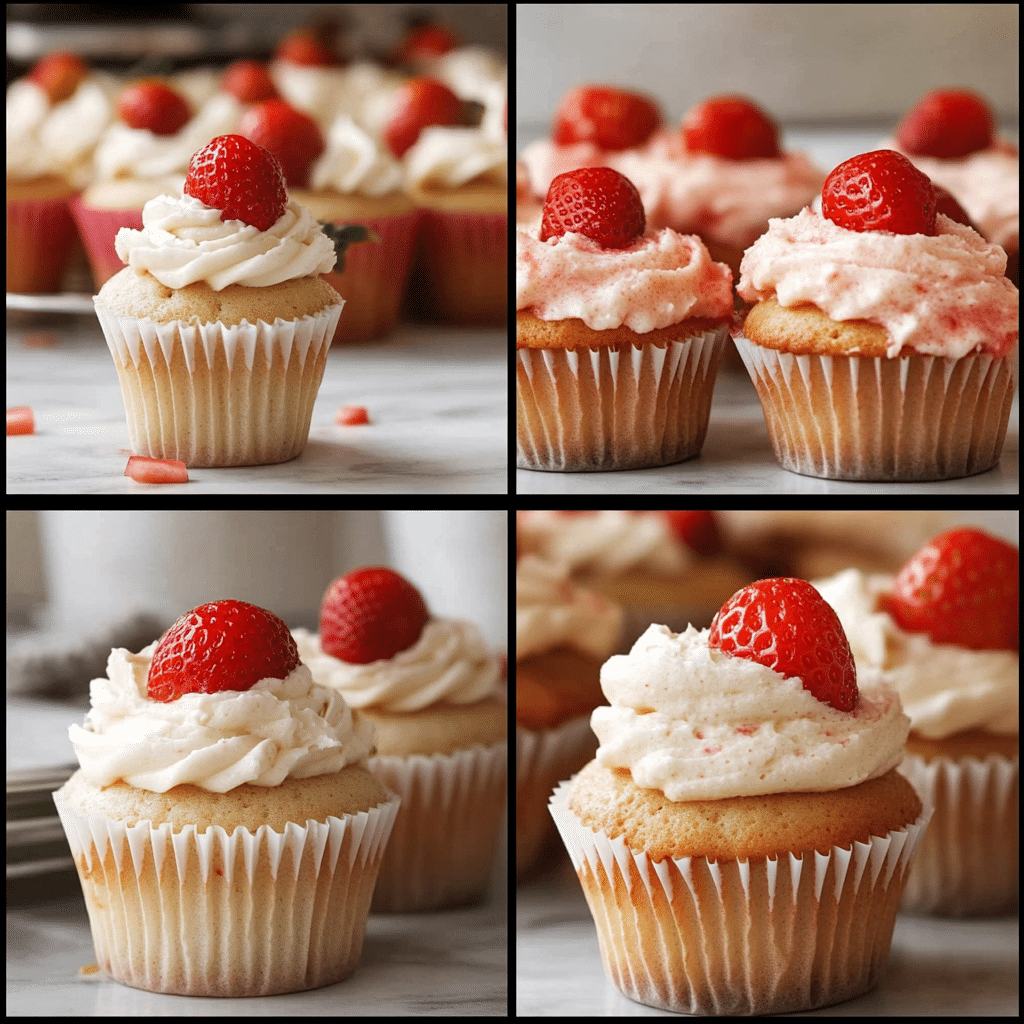 Four-panel collage showing steps to make strawberry cupcakes, from batter to finished cupcakes