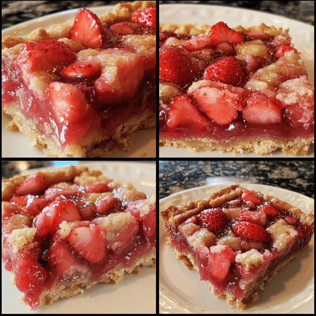 Four-panel collage showing steps to make strawberry rhubarb bars, from crust to finished bars