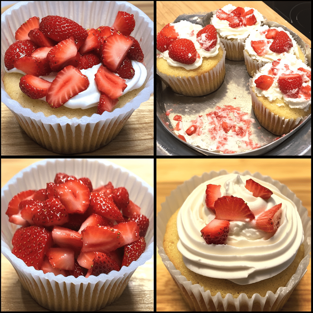 Four-panel collage showing steps to make strawberry shortcake cupcakes, from batter to finished cupcakes