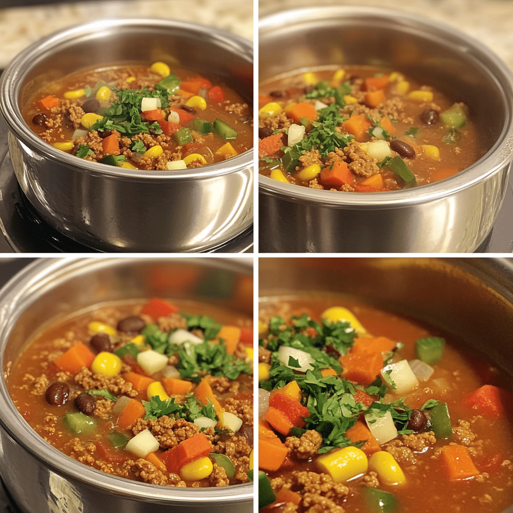 Four-panel collage showing steps to make taco soup, from browning ground beef to serving