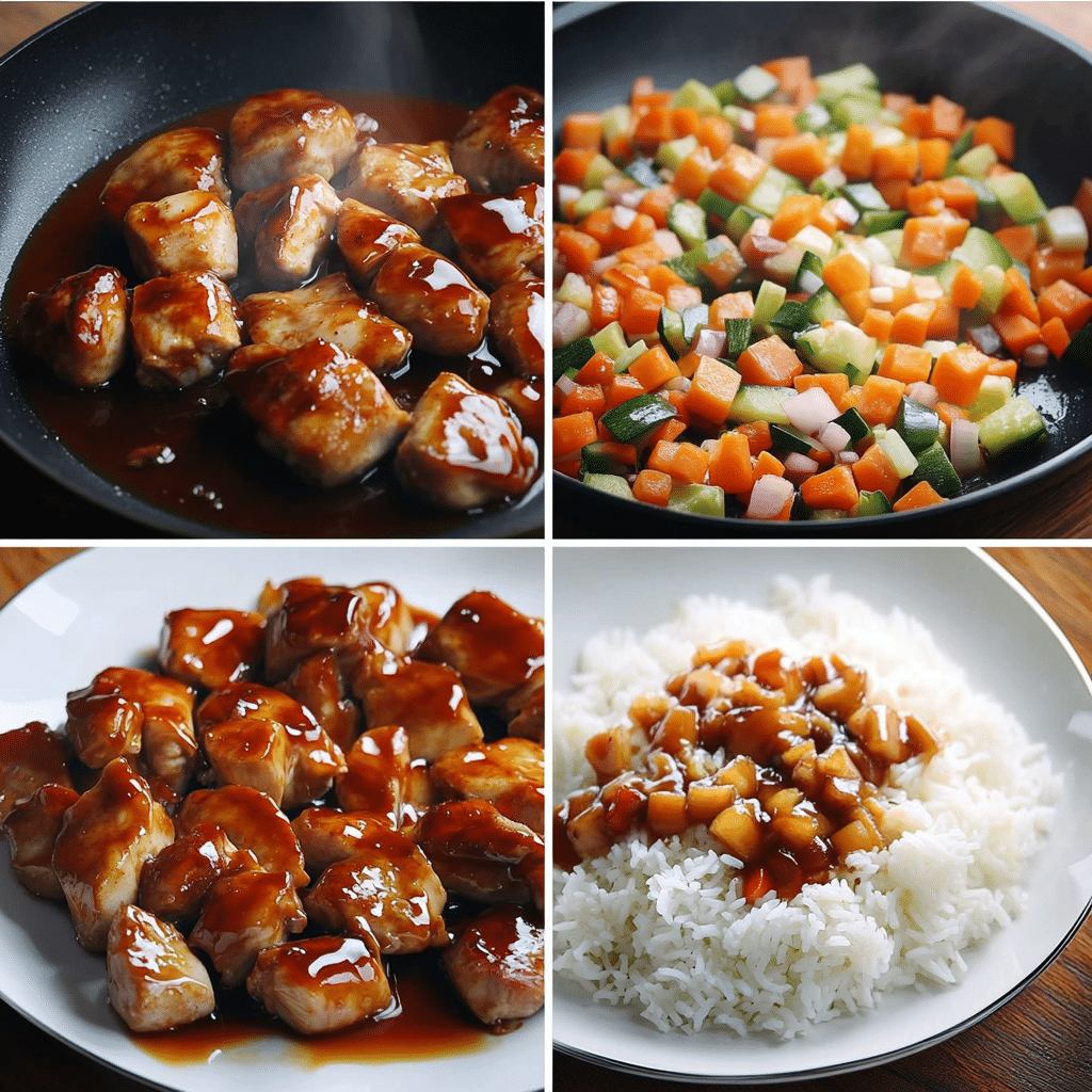 Four-panel collage showing steps to make teriyaki chicken, from marinating to serving
