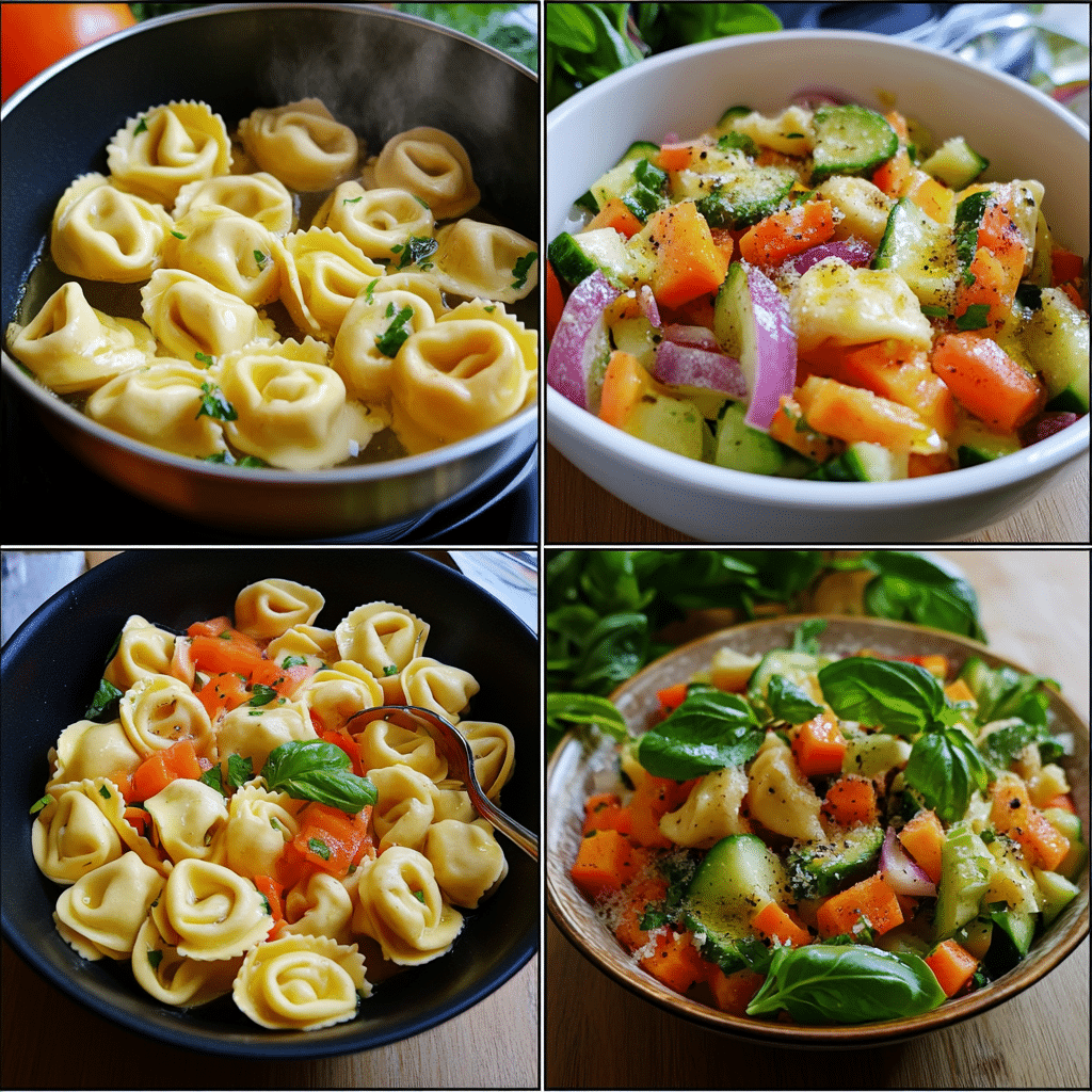 Four-panel collage showing the process of making tortellini salad, from cooking pasta to assembling and serving