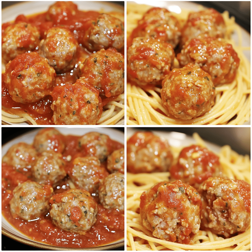 Four-panel collage showing the steps to make turkey meatballs, from mixing to serving