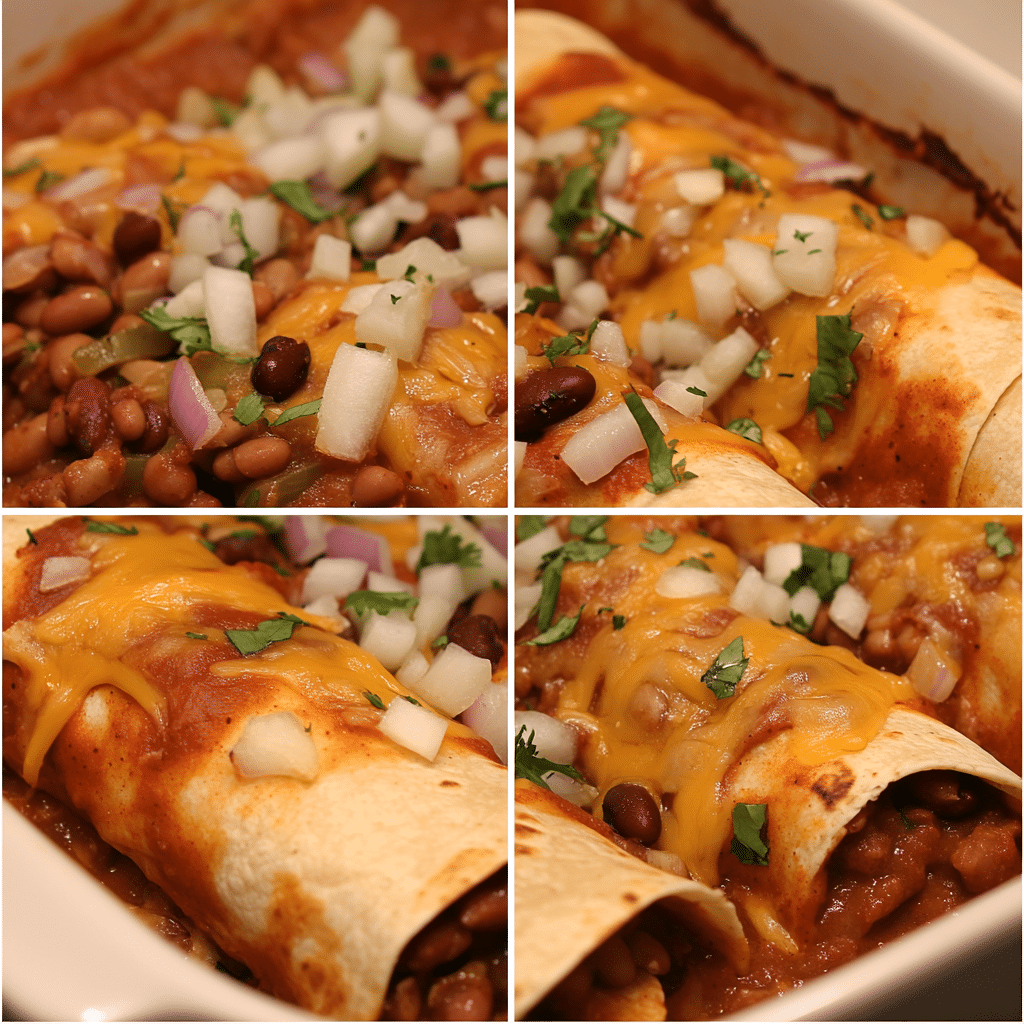 Four-panel collage showing steps for making vegetarian enchiladas, from sautéing to baking