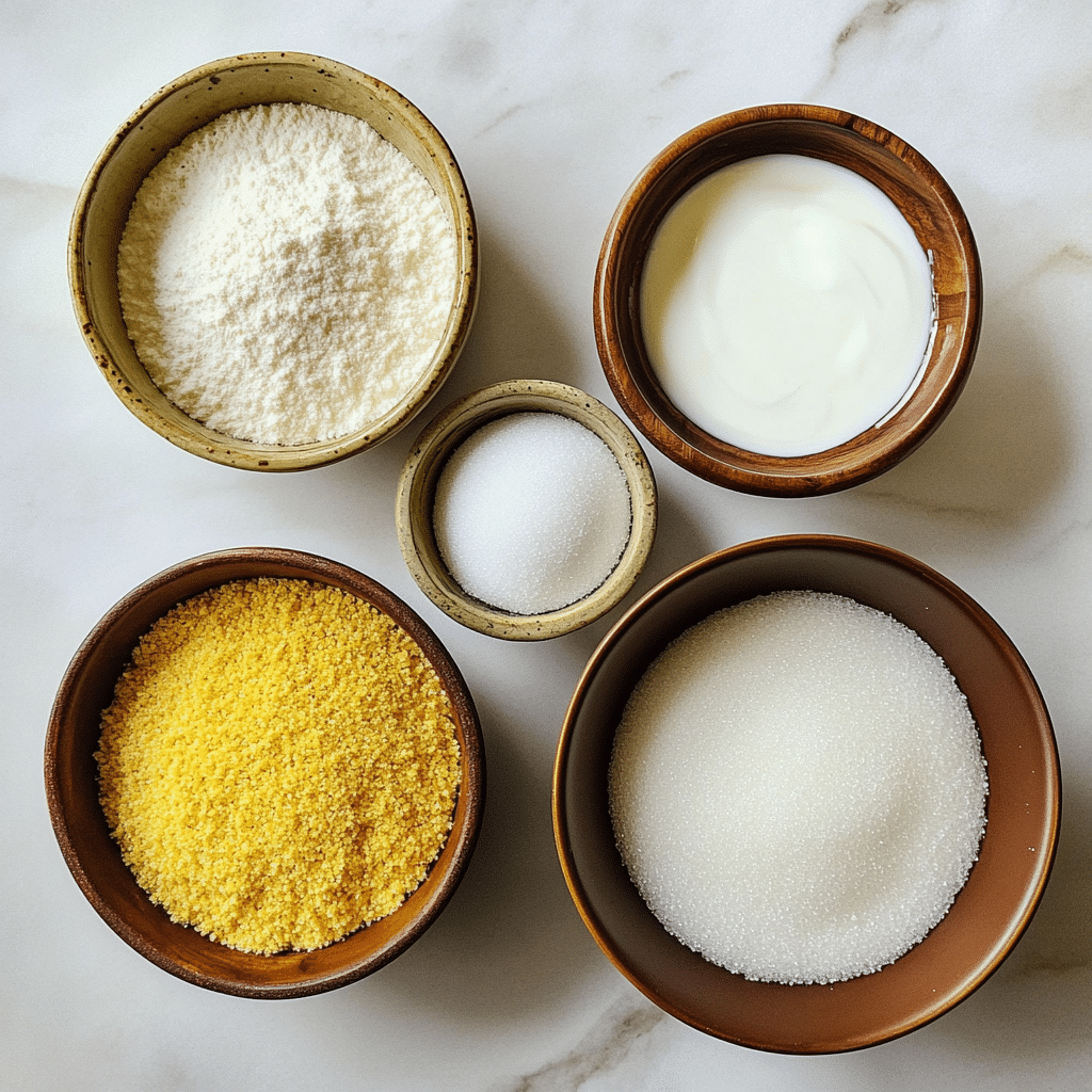 Overhead view of ingredients for making basbousa semolina cake