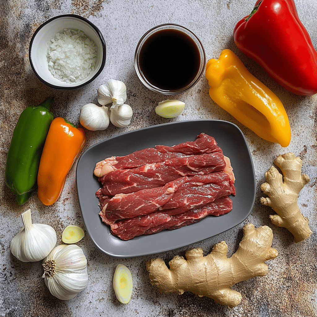 Ingredients for beef stir fry including flank steak, soy sauce, and vegetables