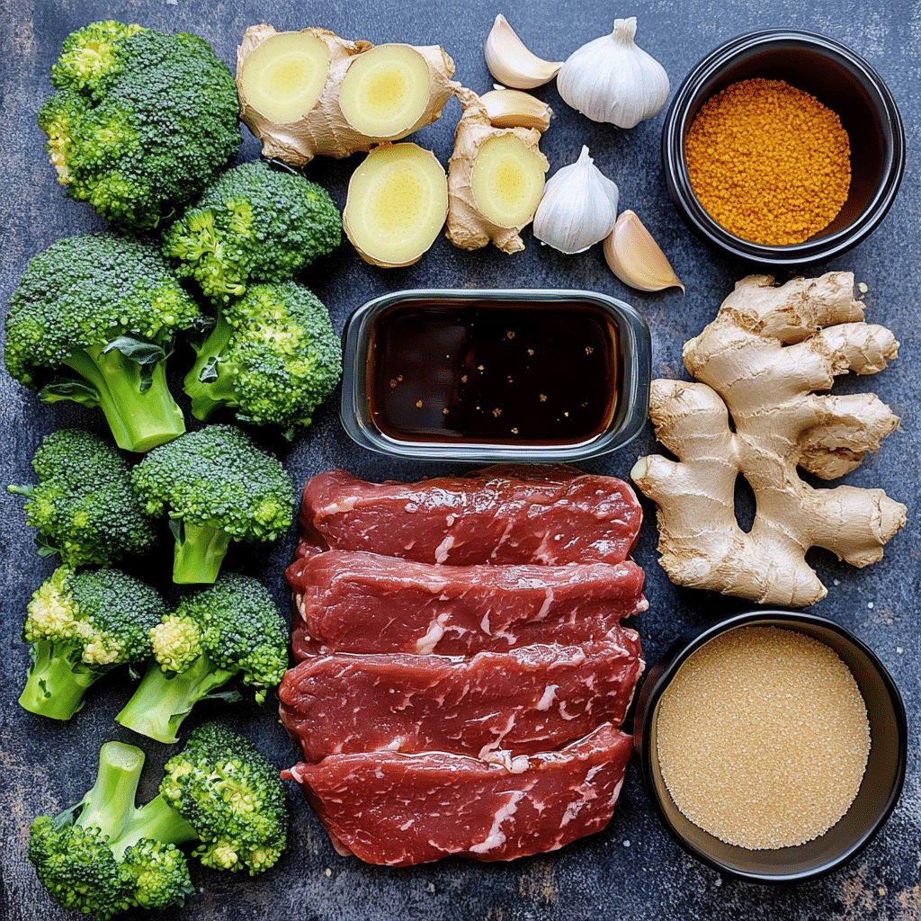 Ingredients for beef and broccoli including flank steak, broccoli, soy sauce, ginger, and garlic