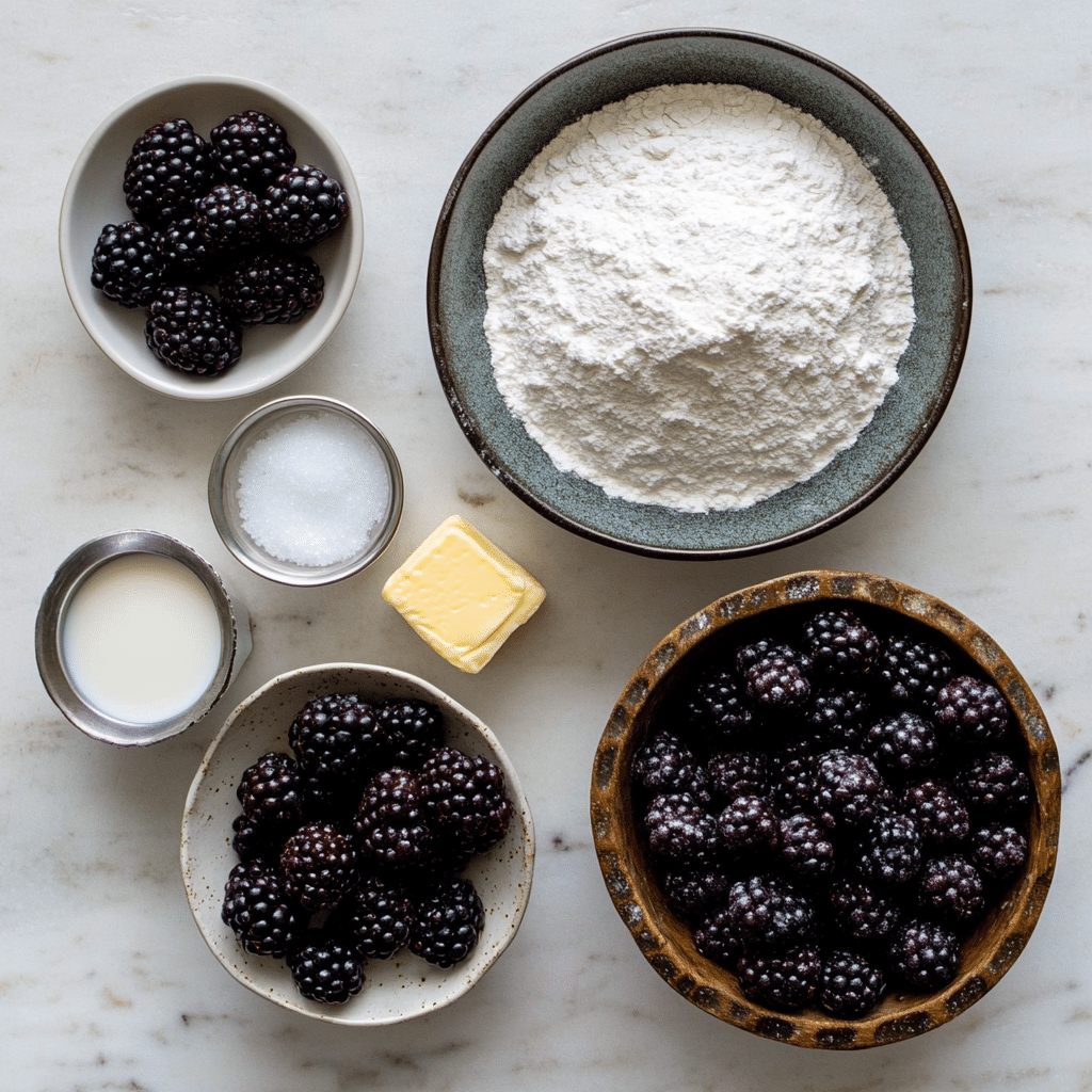Overhead view of ingredients for blackberry cobbler