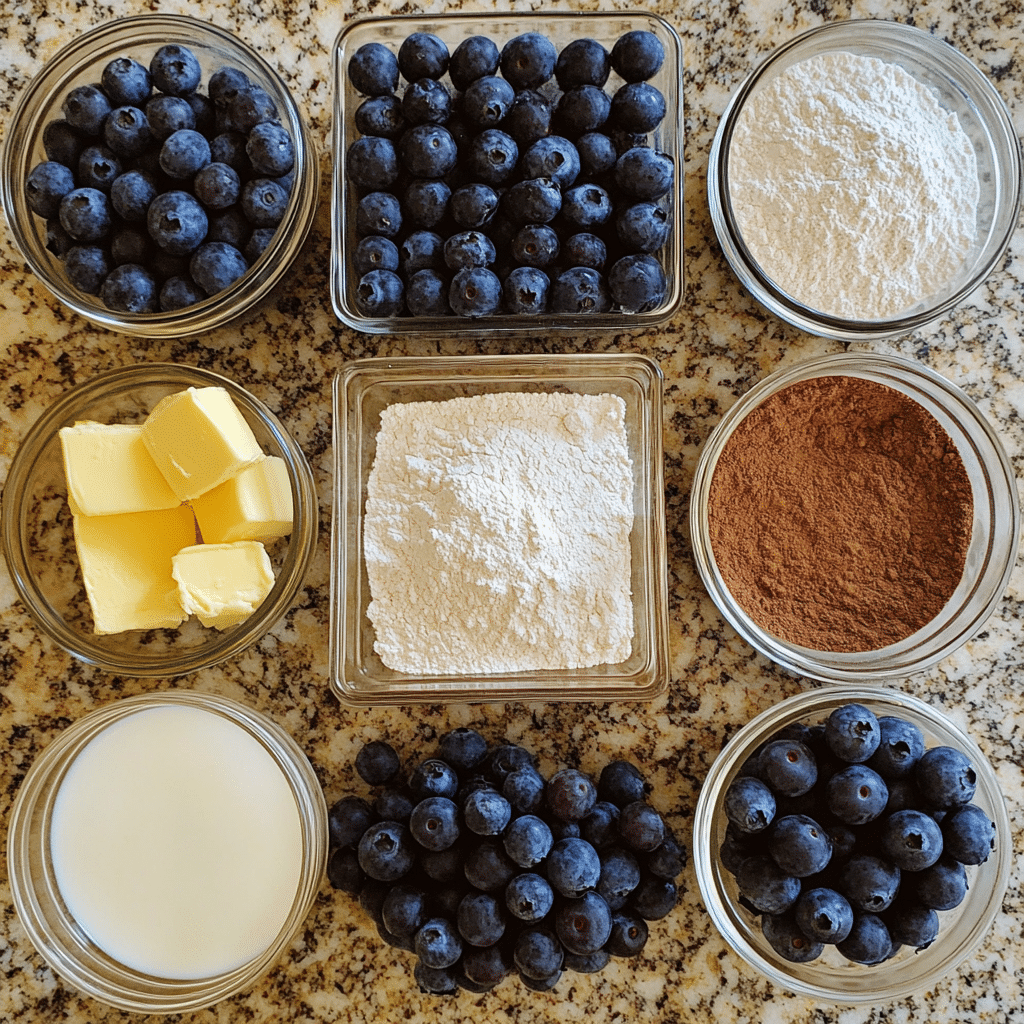 Overhead view of flour, sugar, butter, eggs, milk, cinnamon, and blueberries for blueberry buckle