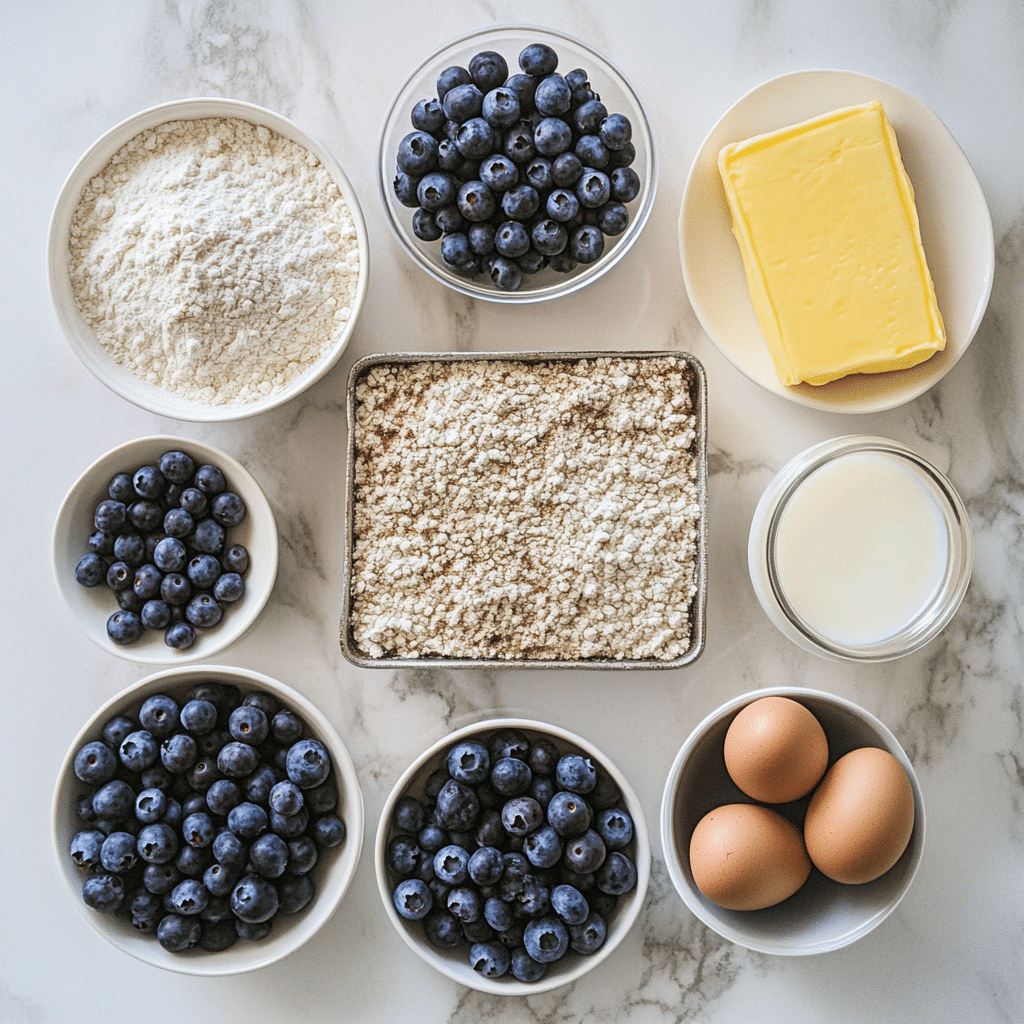 Overhead view of flour, sugar, butter, eggs, milk, cinnamon, and blueberries for blueberry buckle