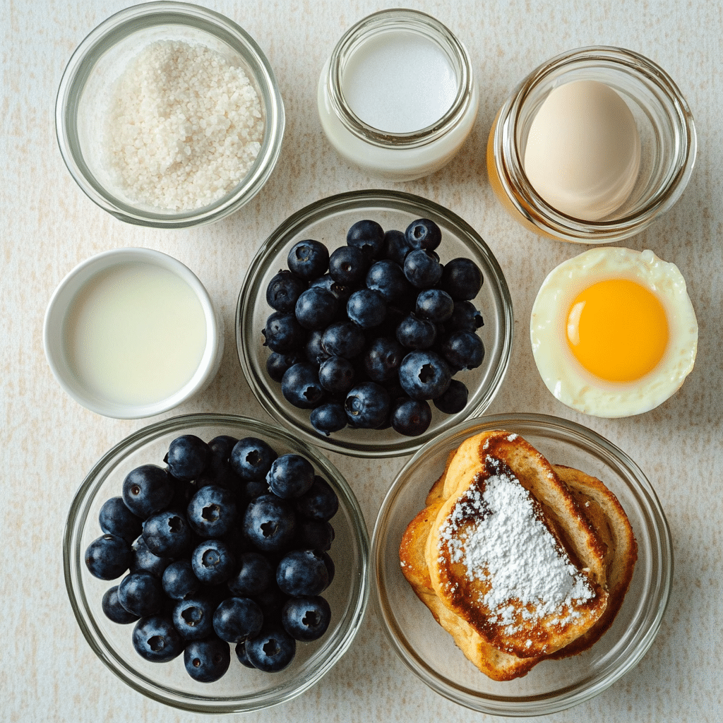Overhead view of ingredients for making blueberry French toast casserole