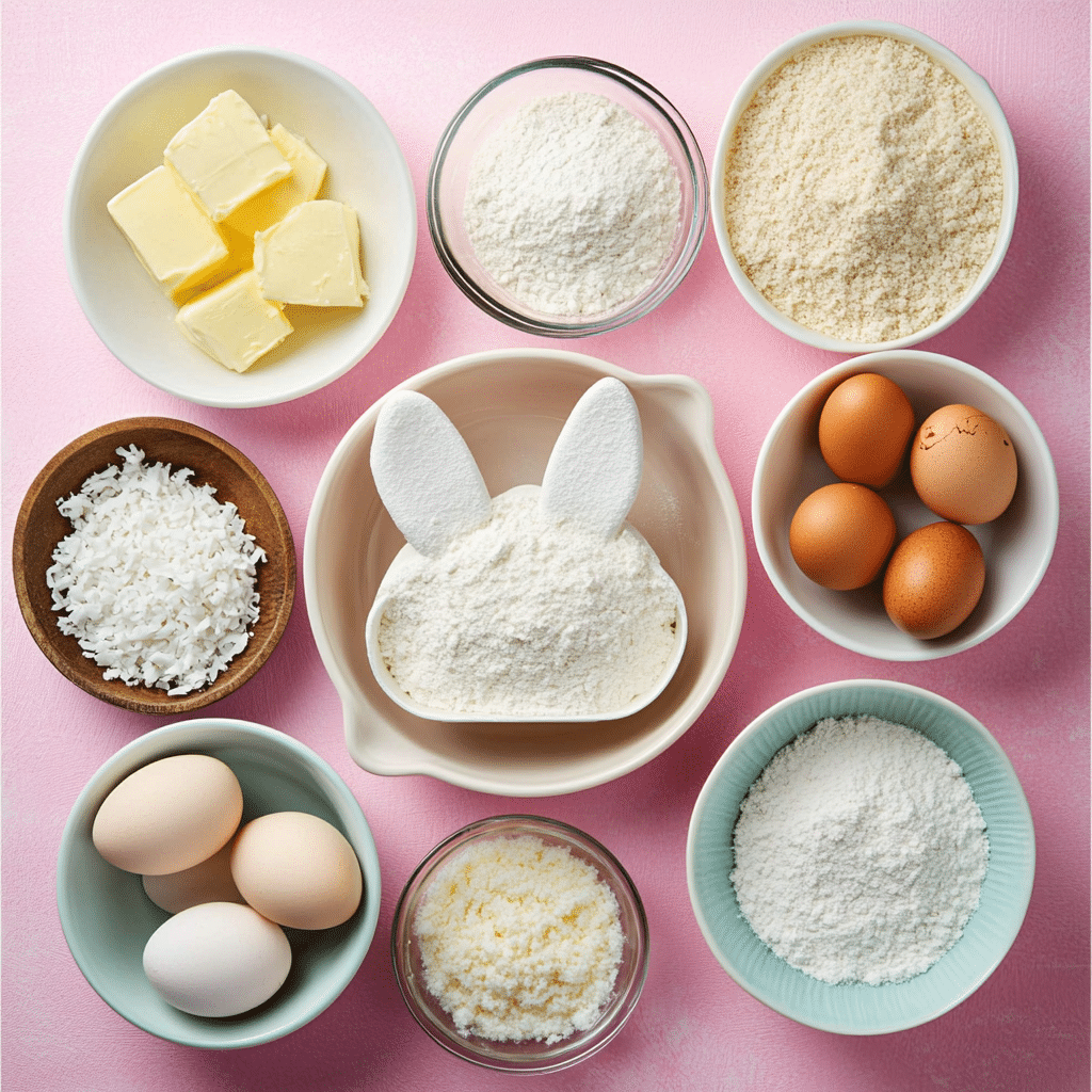 Overhead view of ingredients for making bunny cake