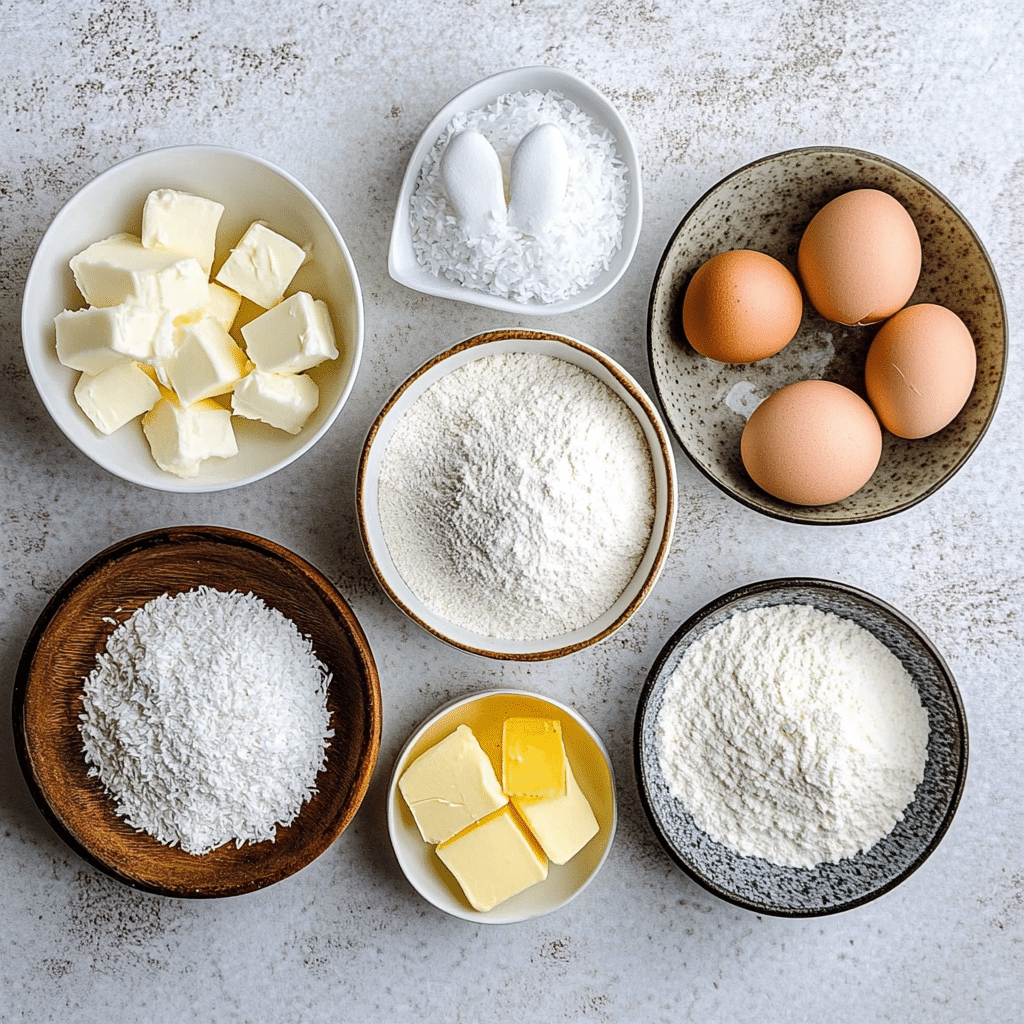 Overhead view of ingredients for making bunny cake