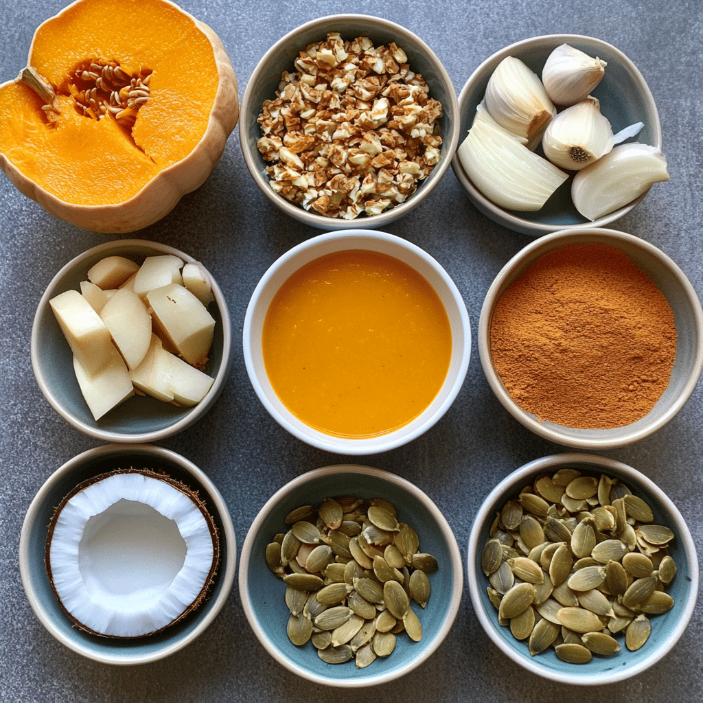 Ingredients for butternut squash soup including butternut squash, garlic, onion, coconut milk, and spices