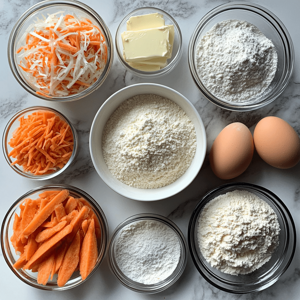 Overhead view of ingredients for making carrot cake cheesecake