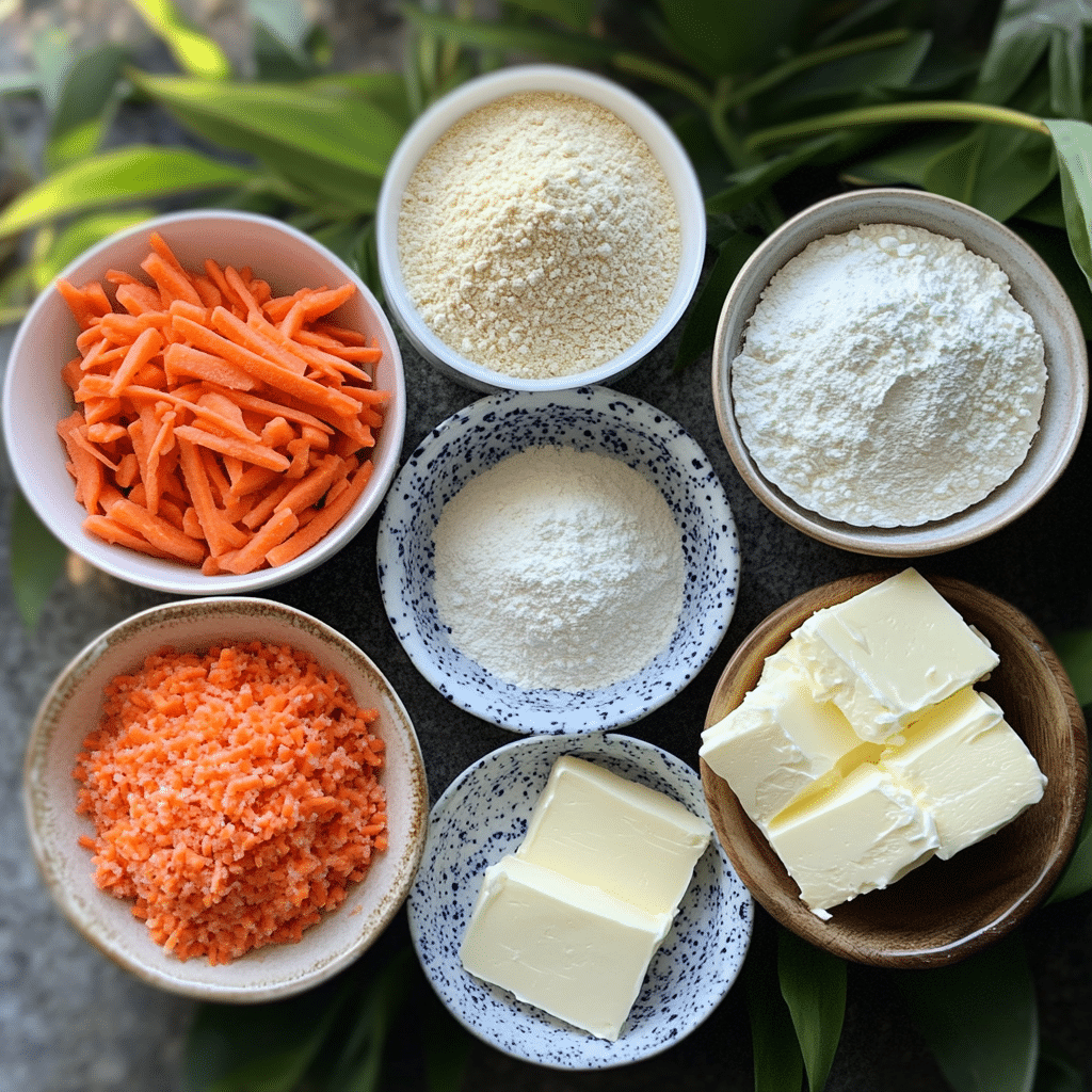 Overhead view of ingredients for making carrot cake cheesecake