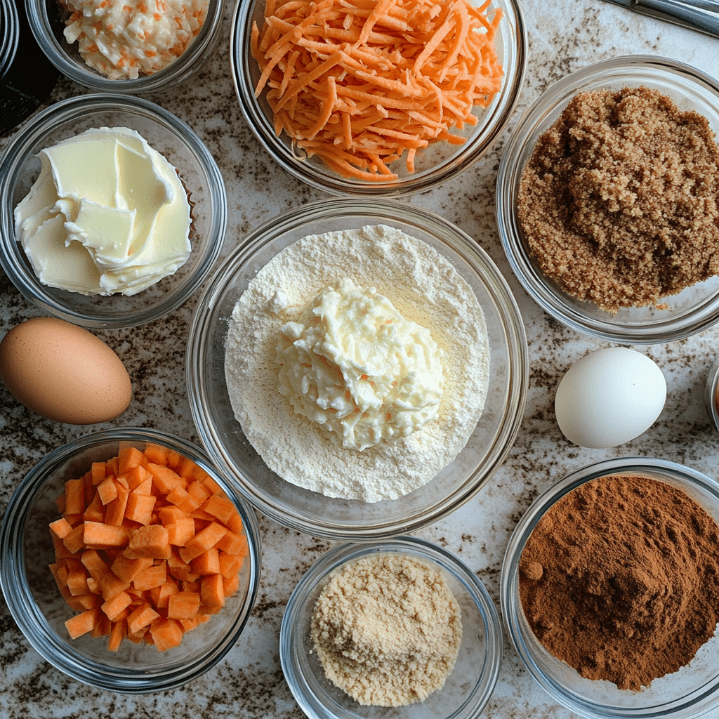 Overhead view of ingredients for making carrot cake cupcakes