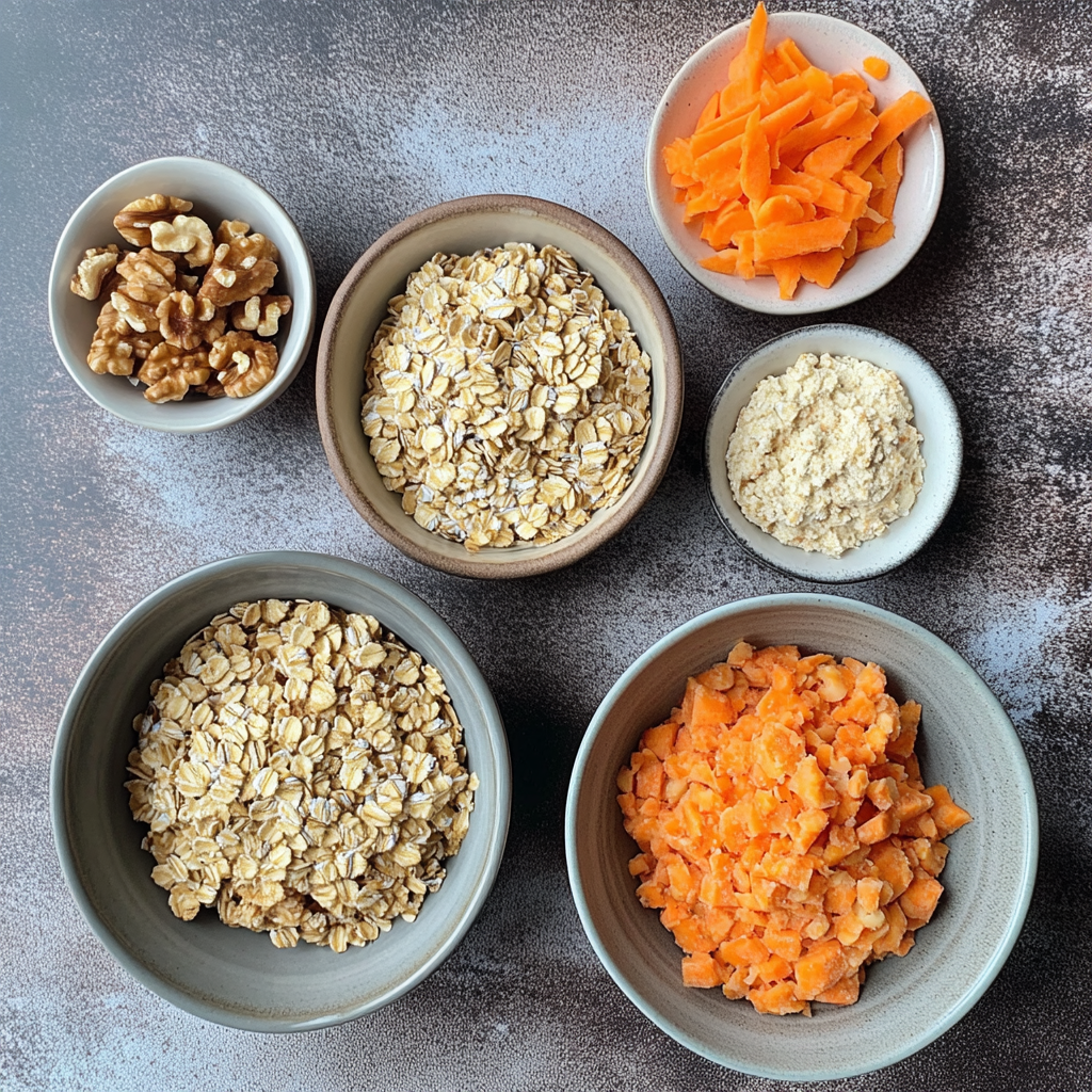 Overhead view of ingredients for making carrot cake oatmeal cookies