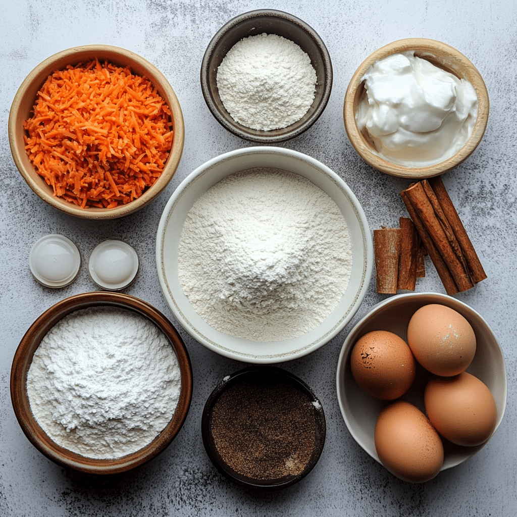 Overhead view of ingredients for making carrot cake roll