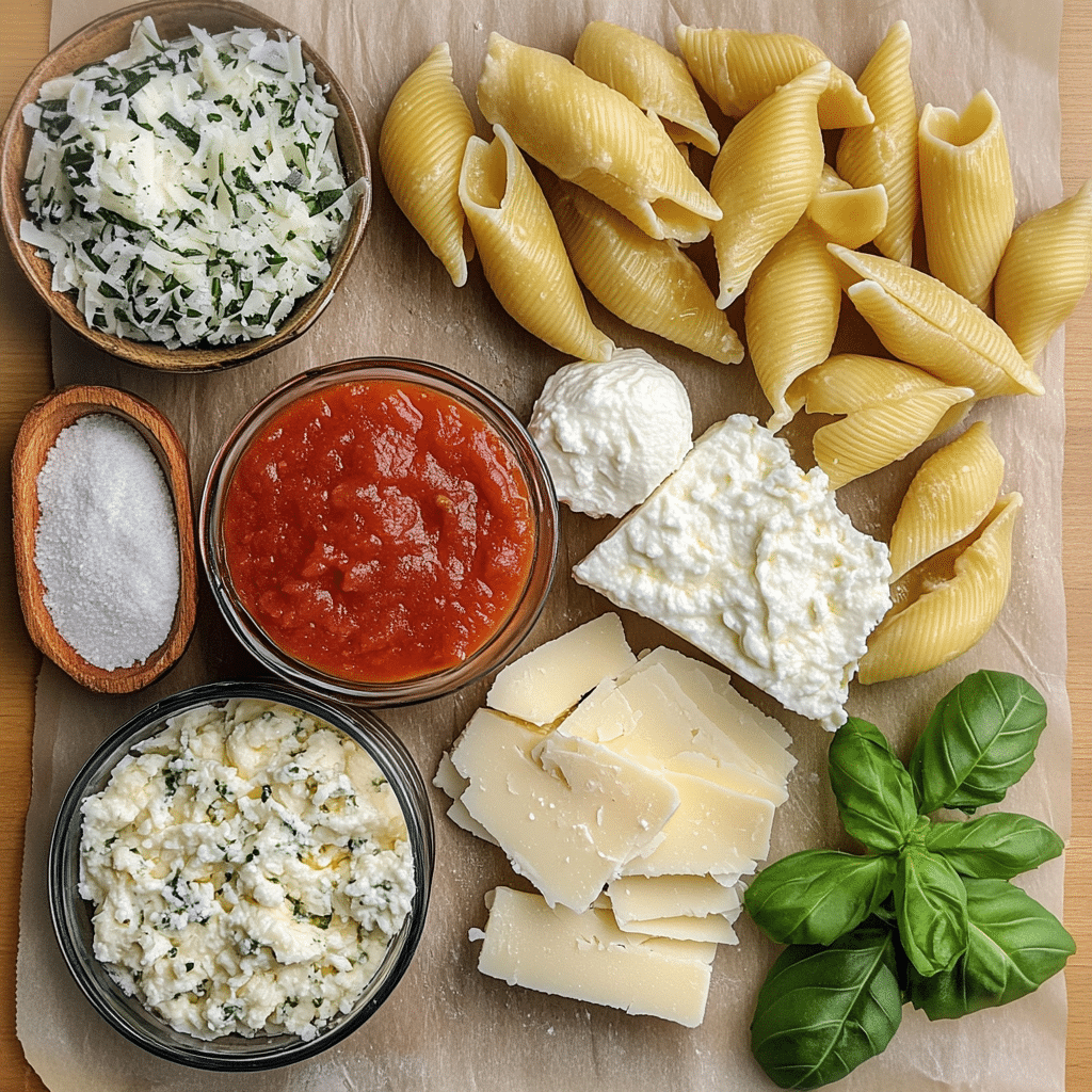 Ingredients for cheese-stuffed shells including jumbo pasta shells, ricotta, mozzarella, and marinara sauce