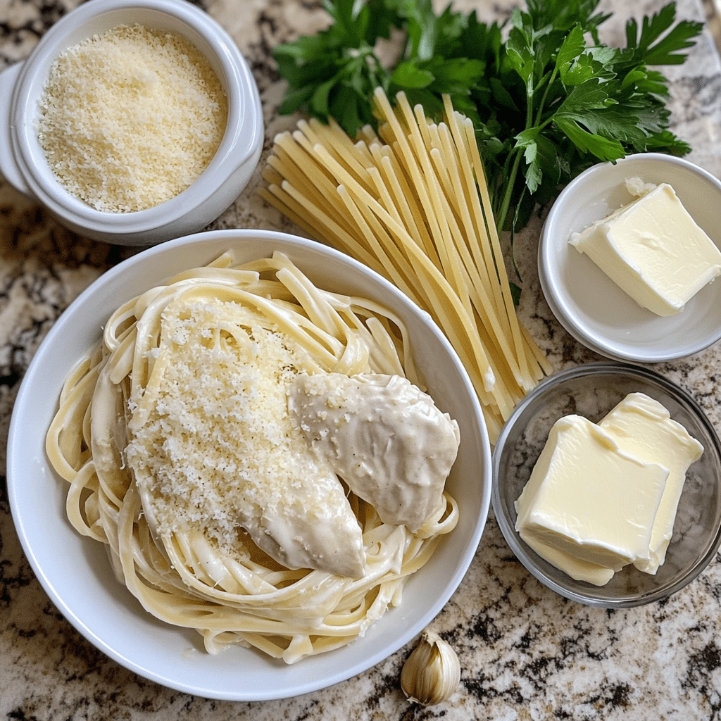 Ingredients for chicken Alfredo including pasta, chicken, garlic, and cream