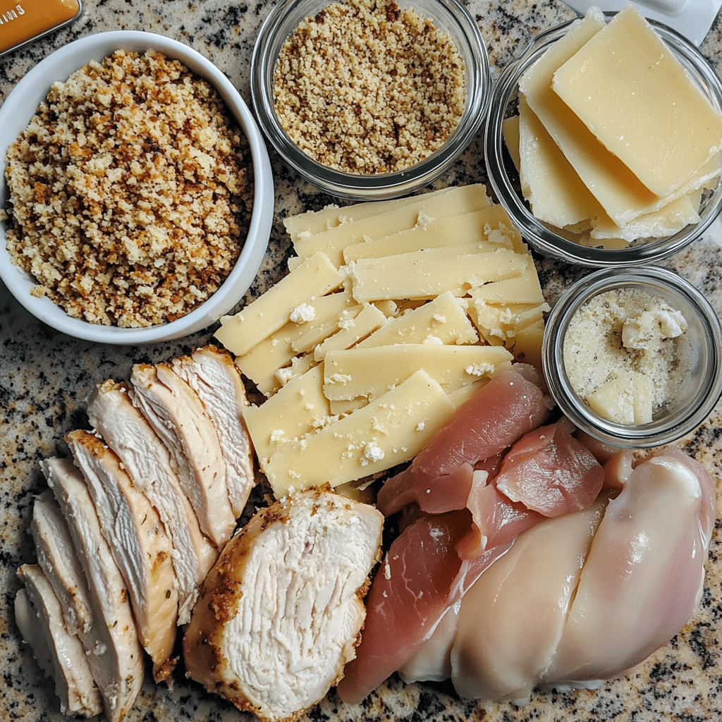 Ingredients for chicken cordon bleu casserole including chicken, turkey, breadcrumbs, and cheese