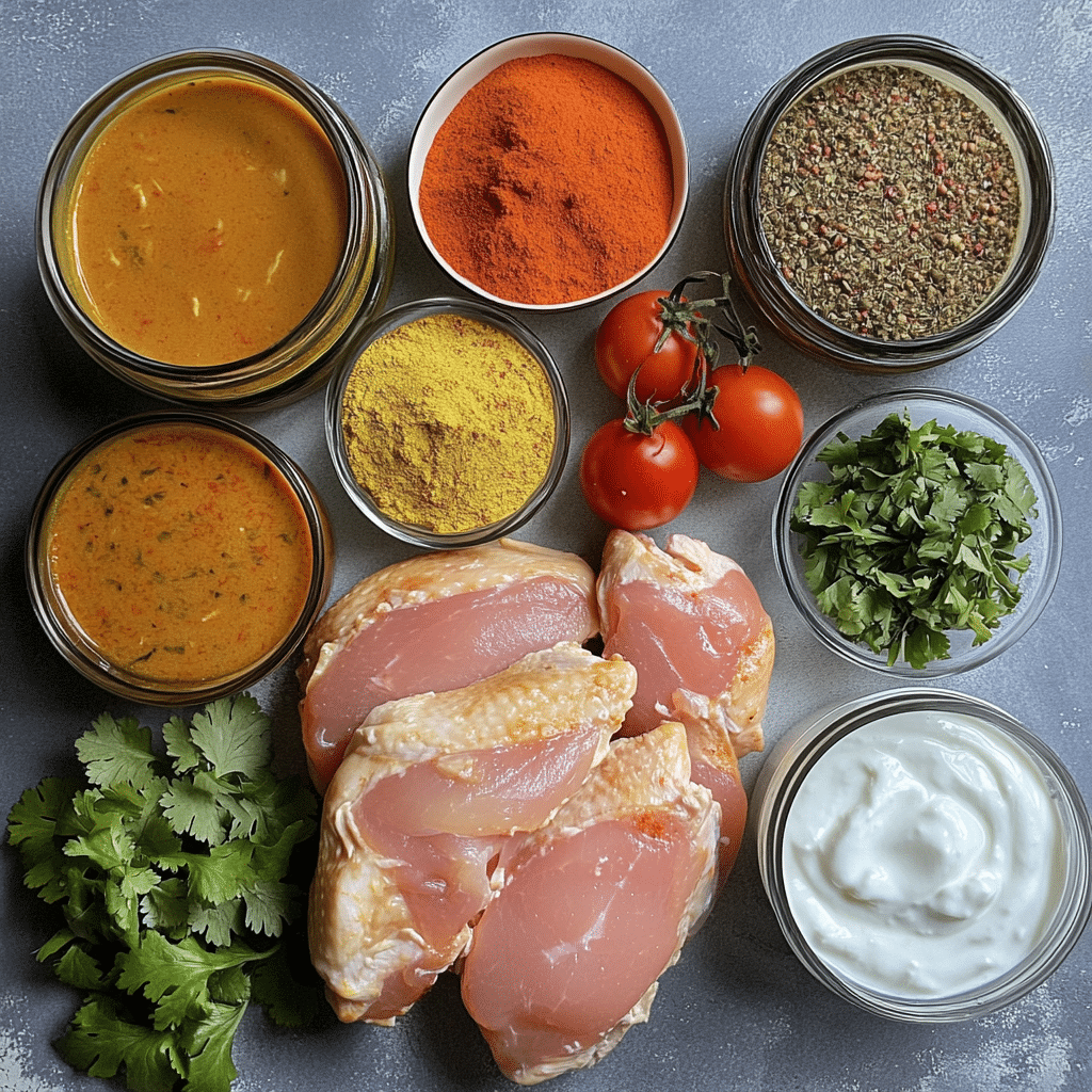 Ingredients for chicken curry including chicken, tomatoes, and yogurt