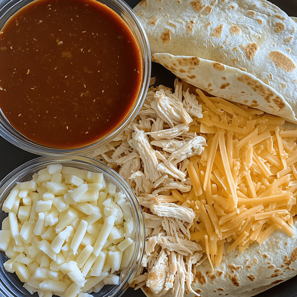 Ingredients for chicken enchiladas including chicken, tortillas, cheese, and sauce