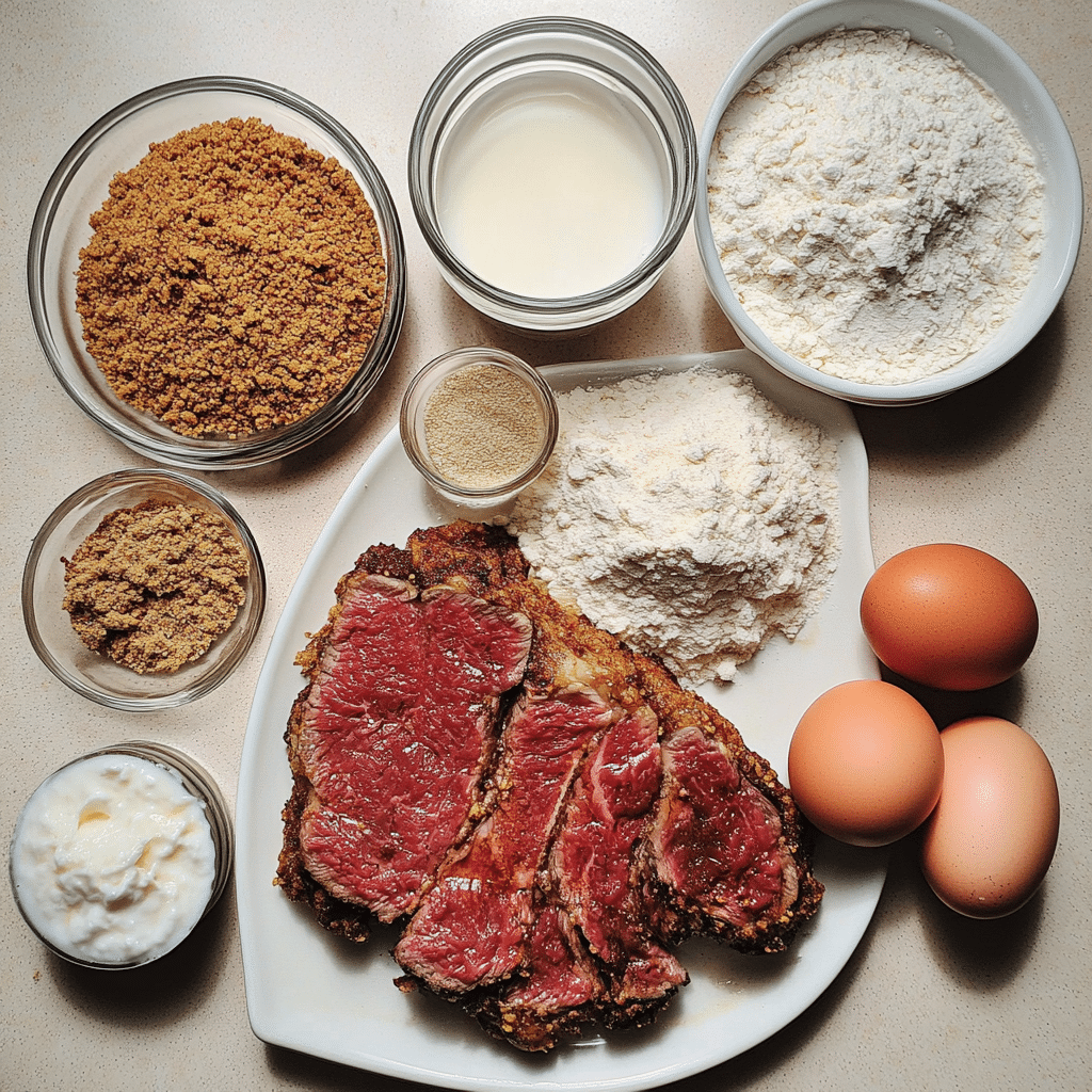 Ingredients for chicken fried steak including beef, breadcrumbs, and eggs
