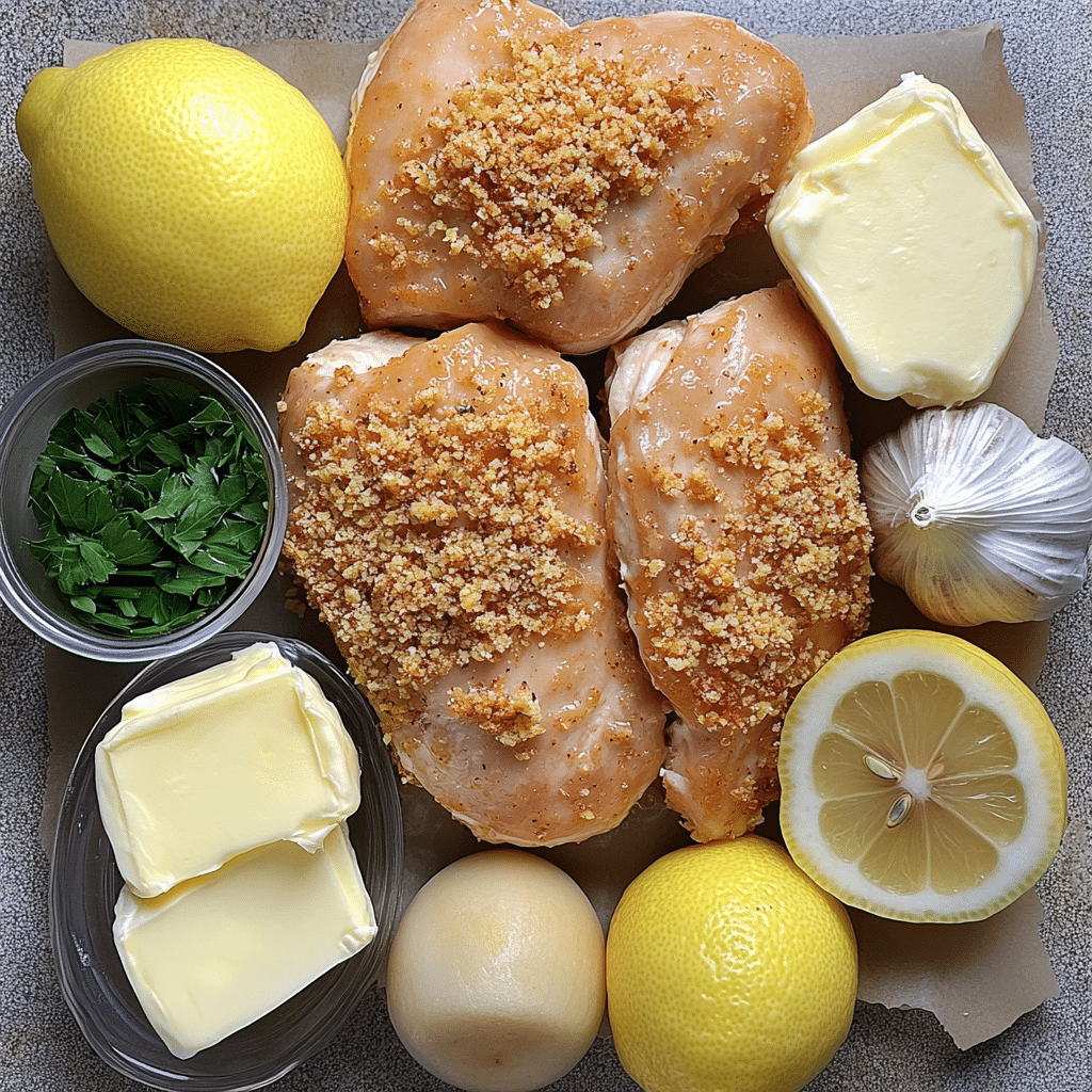 Ingredients for chicken Kiev including chicken breasts, butter, garlic, and breadcrumbs
