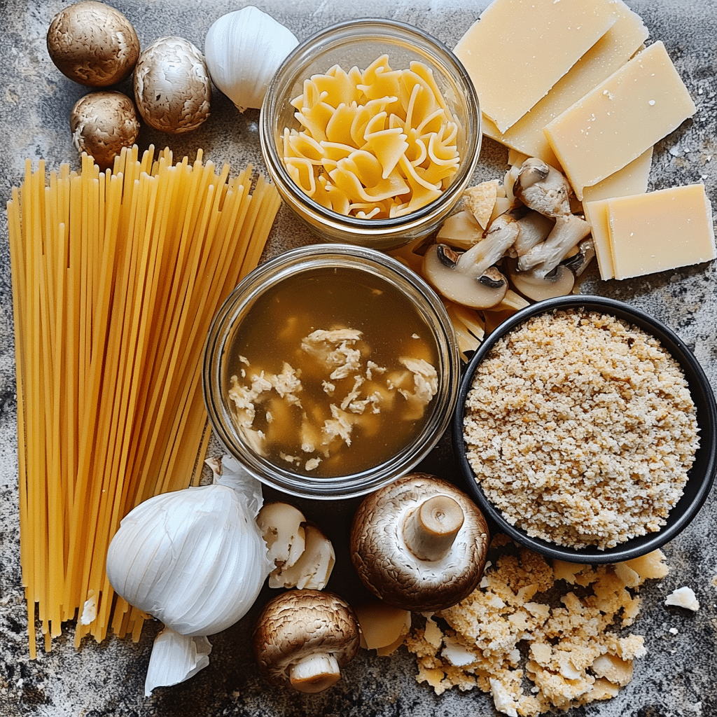 Ingredients for chicken tetrazzini including pasta, chicken, cheese, and mushrooms