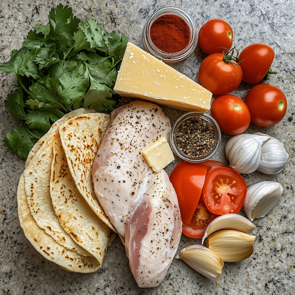 Ingredients for chicken tortilla soup including chicken, tortillas, garlic, and cilantro