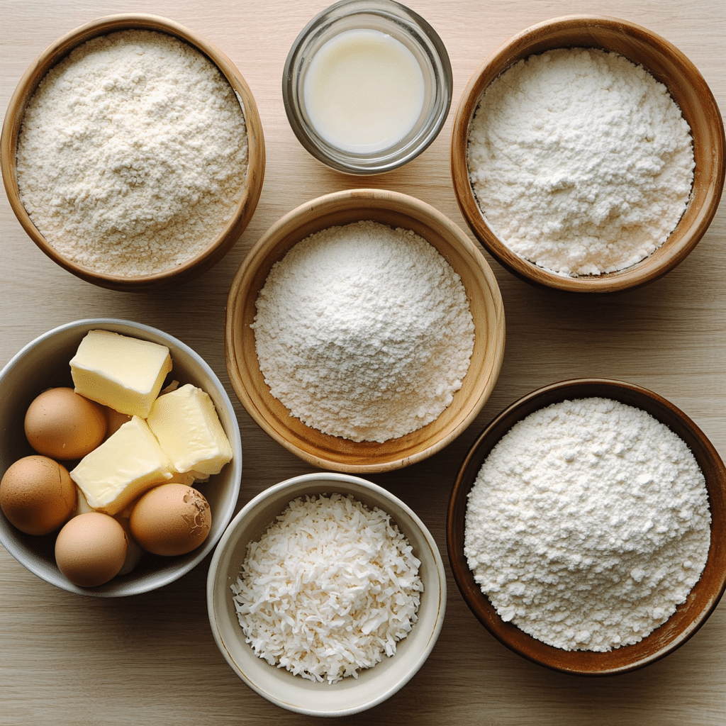 Overhead view of ingredients for making coconut bundt cake