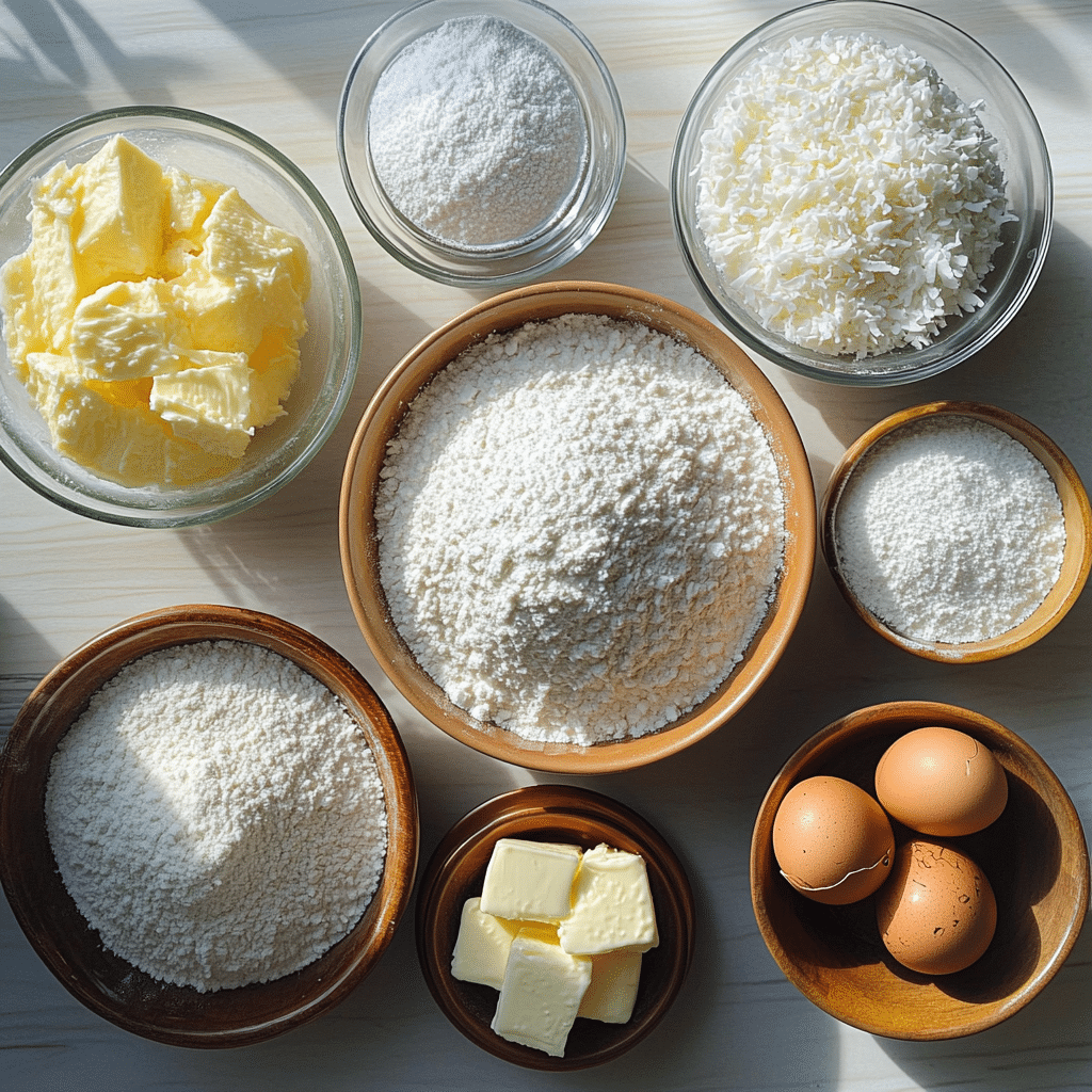 Overhead view of ingredients for making coconut bundt cake