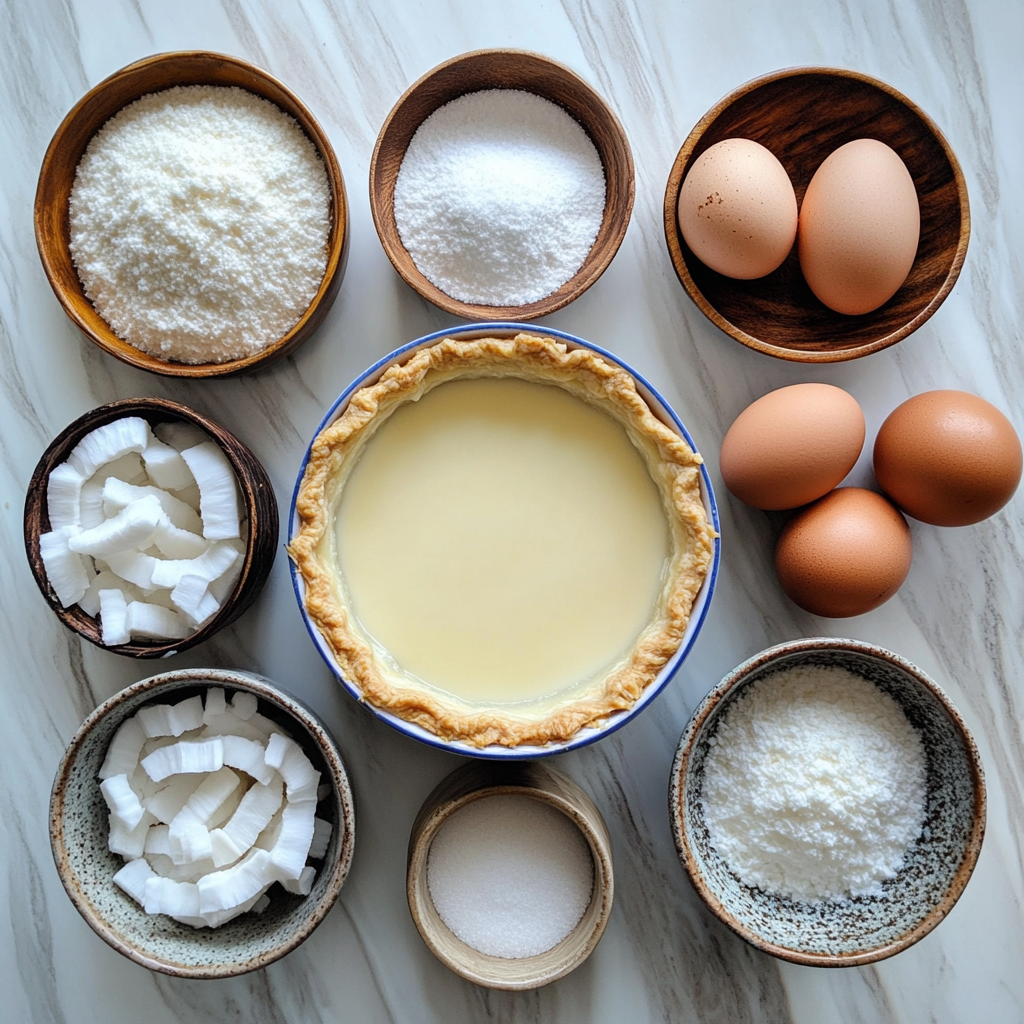 Overhead view of ingredients for making coconut custard pie