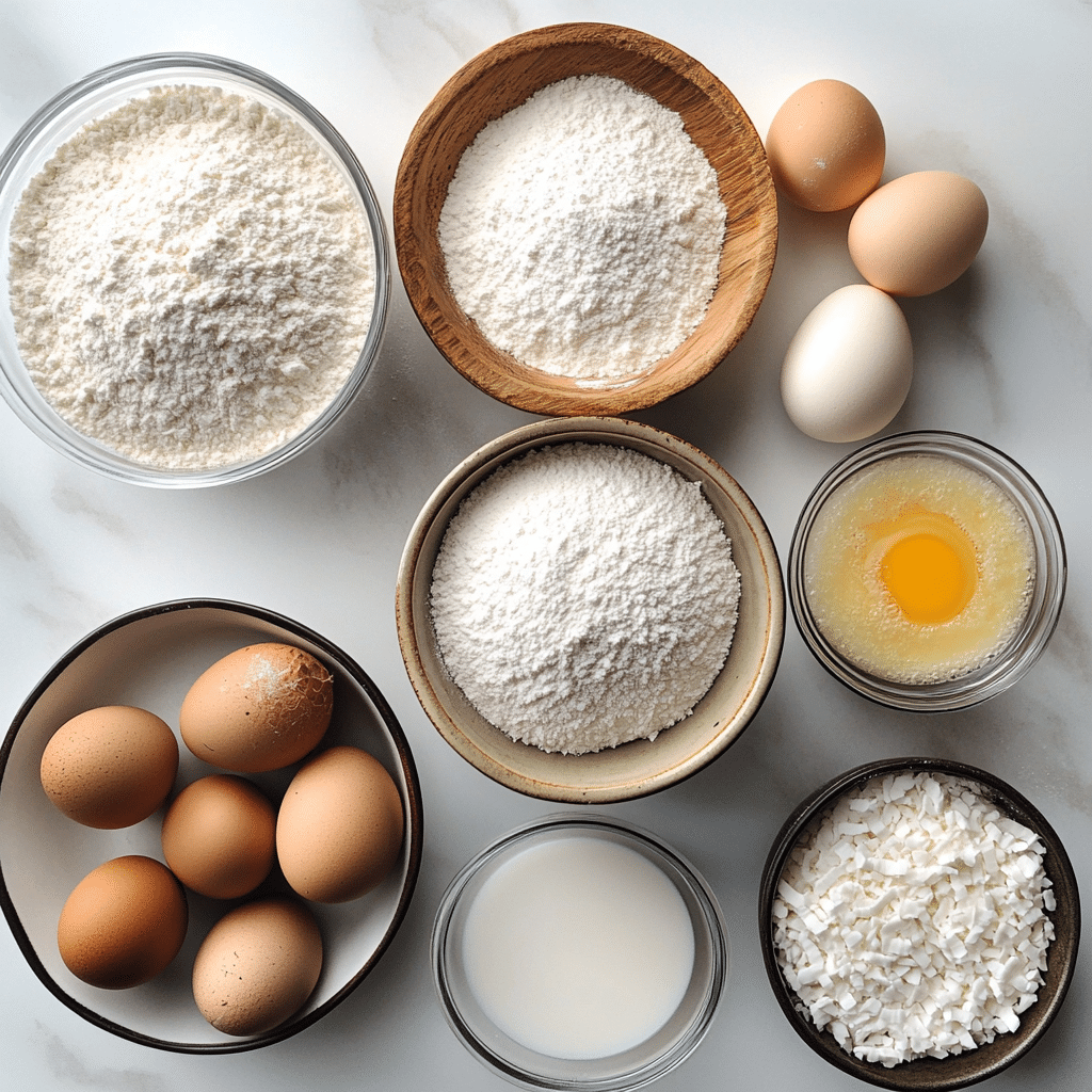 Overhead view of ingredients for making coconut sheet cake