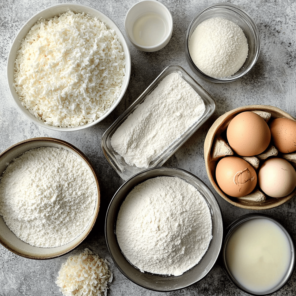 Overhead view of ingredients for making coconut sheet cake