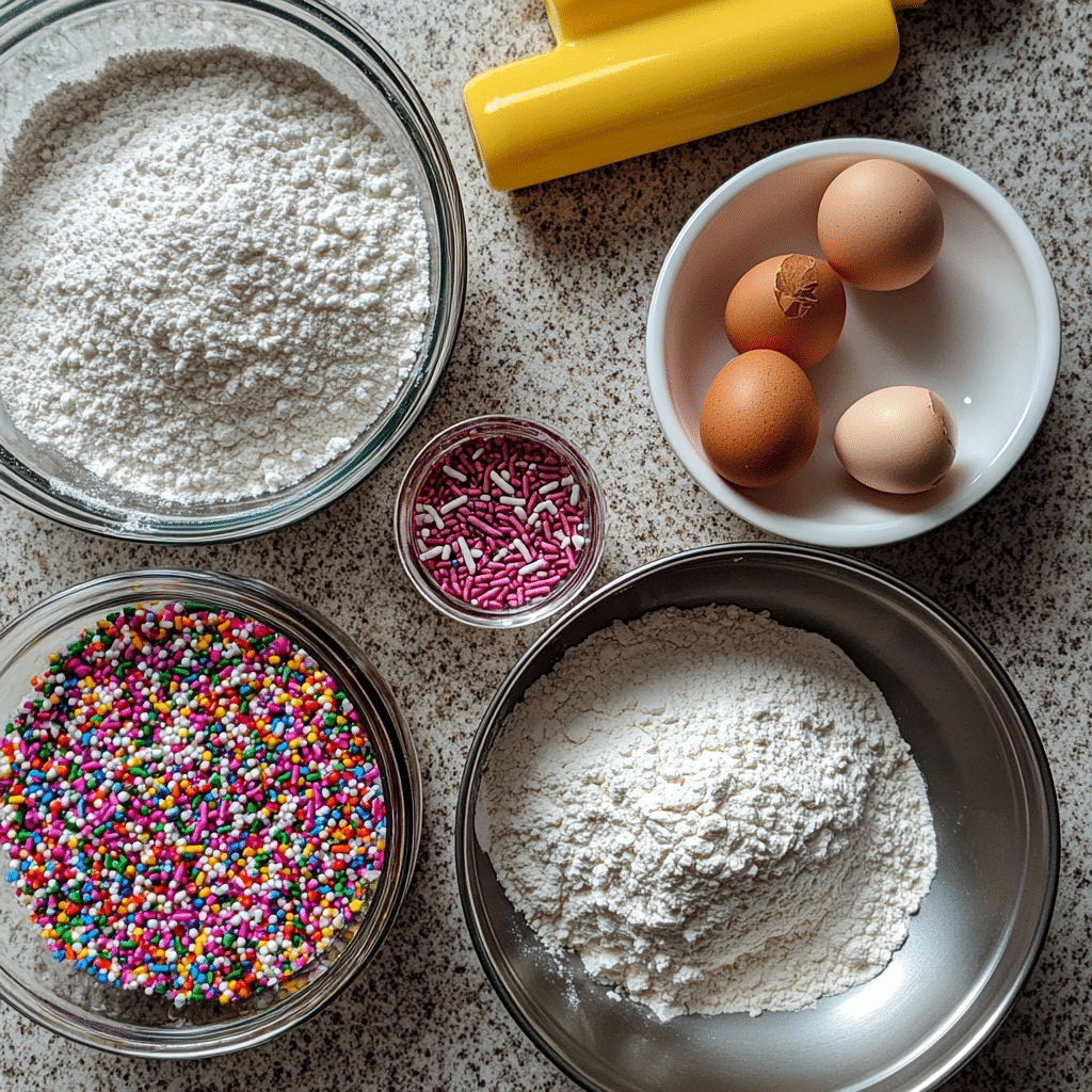 Overhead view of ingredients for making confetti cake