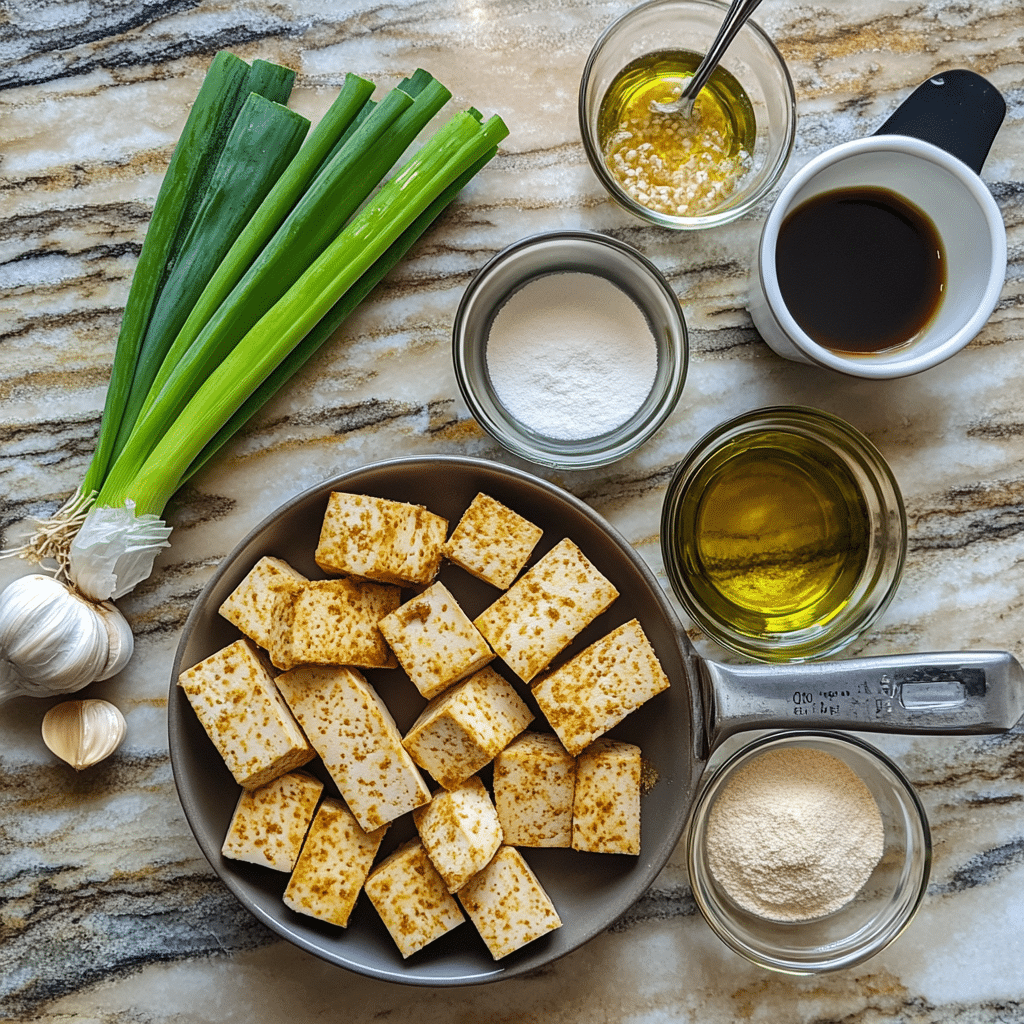 Ingredients for crispy baked tofu including tofu, soy sauce, cornstarch, garlic, and sesame oil