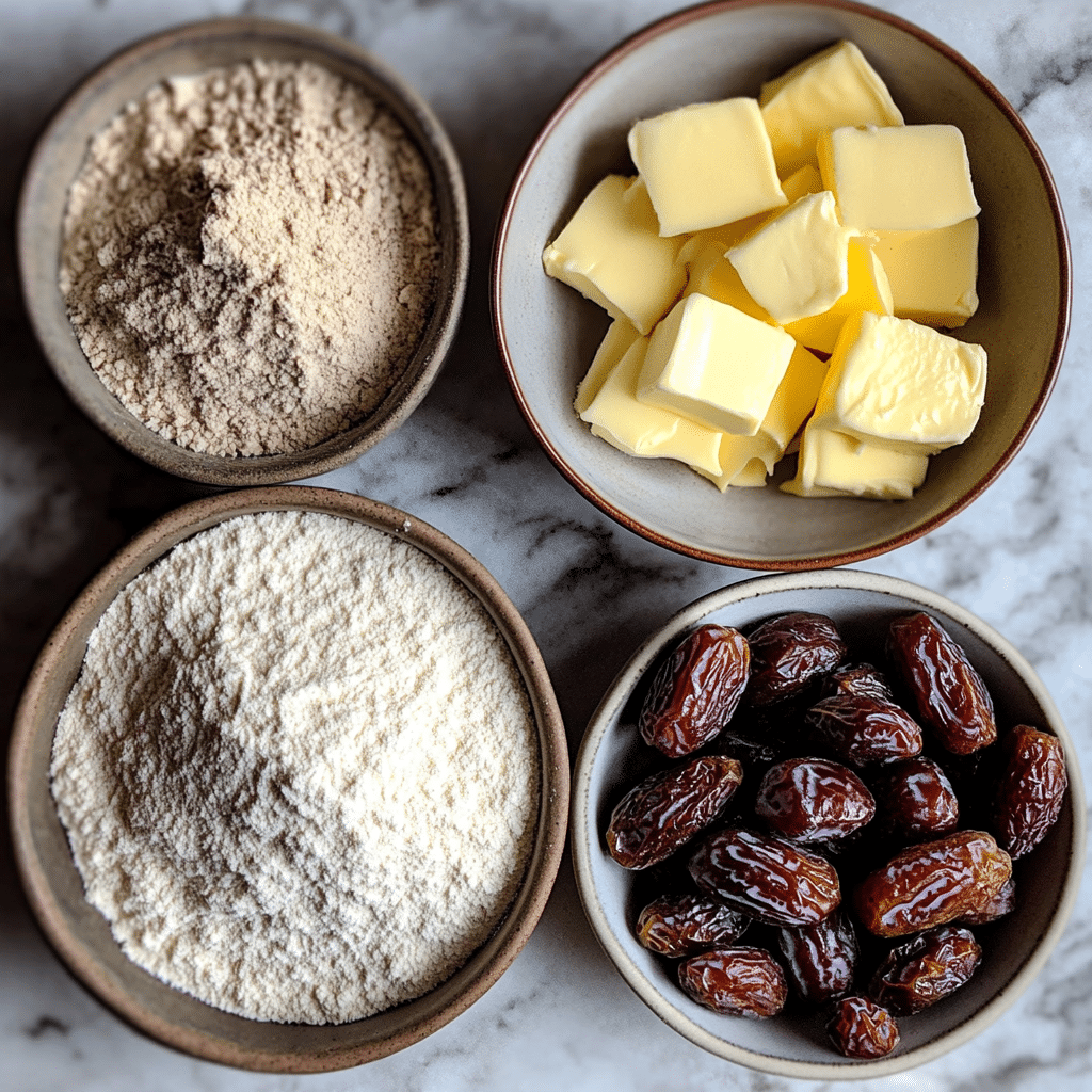 Overhead view of ingredients for making kleicha date cookies