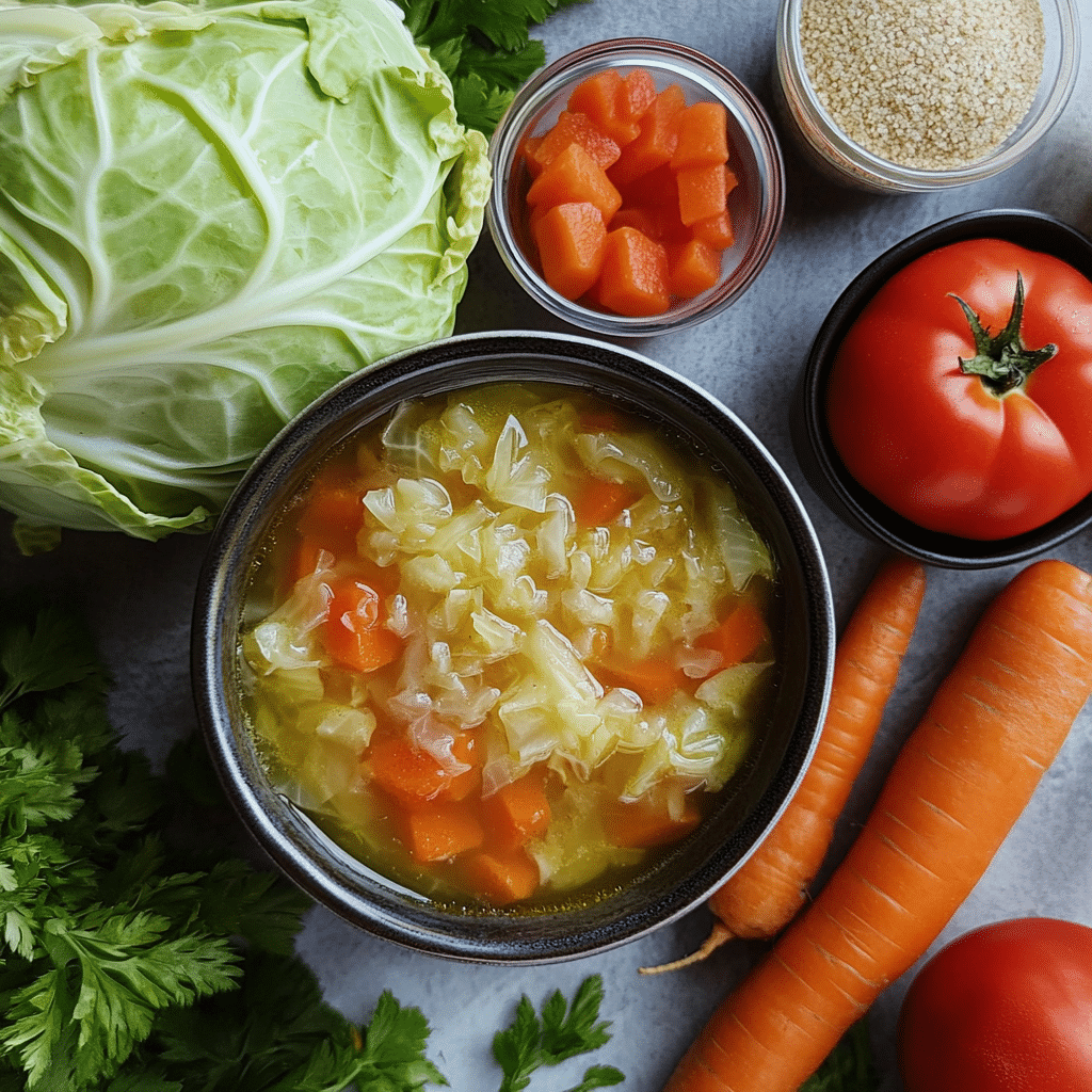 Ingredients for detox cabbage soup including cabbage, carrots, and tomatoes