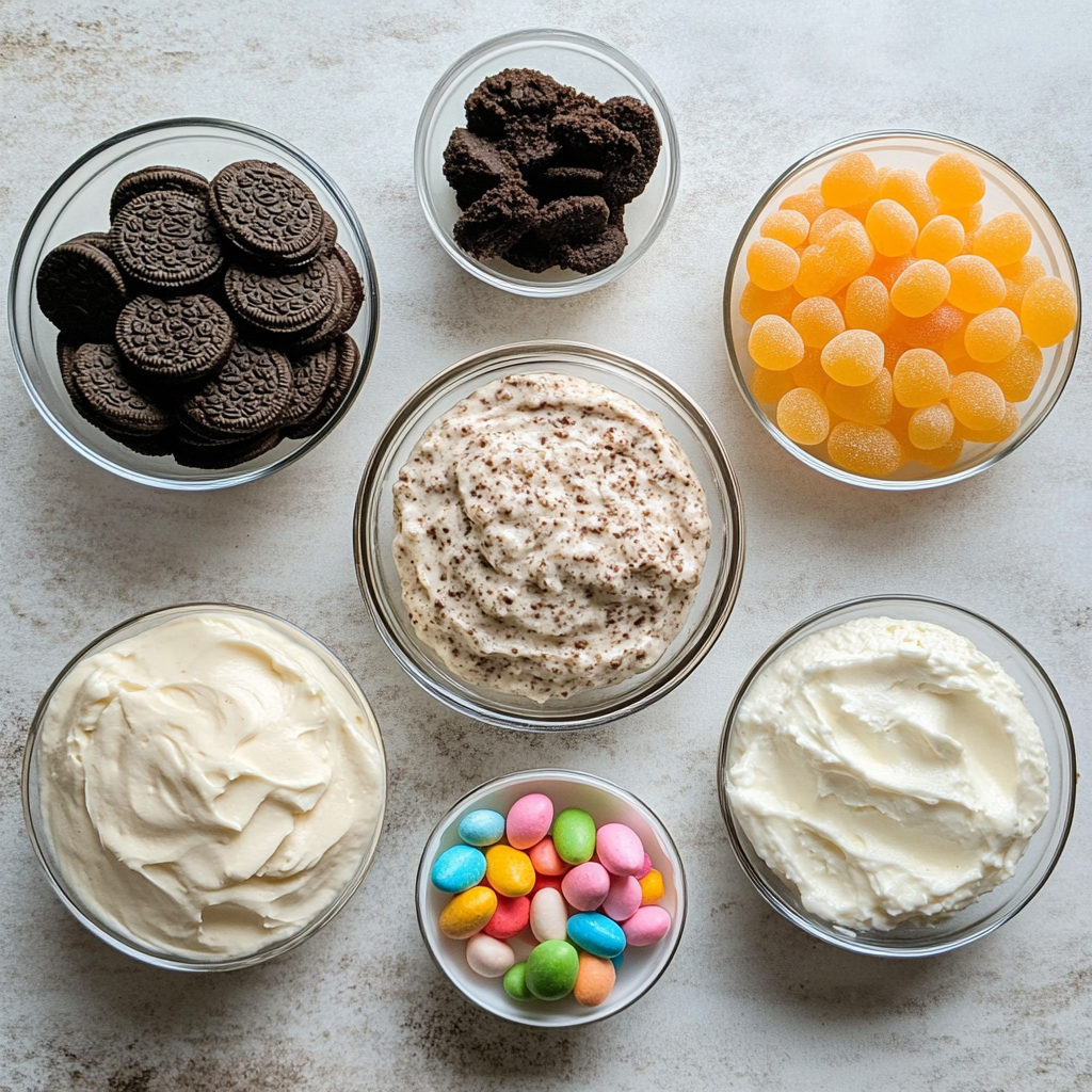 Overhead view of ingredients for making Easter dirt cake